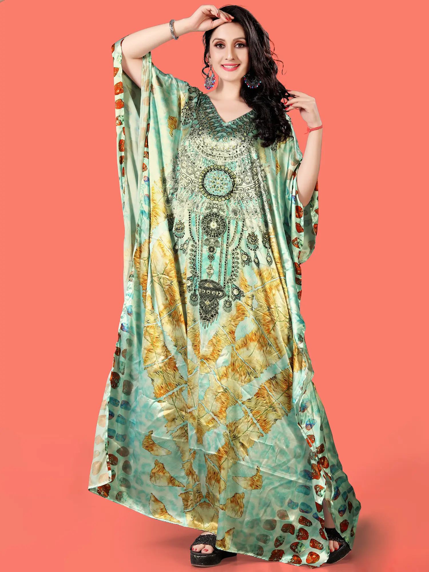 Ice-Castle Printed Long Kaftan with Stone work