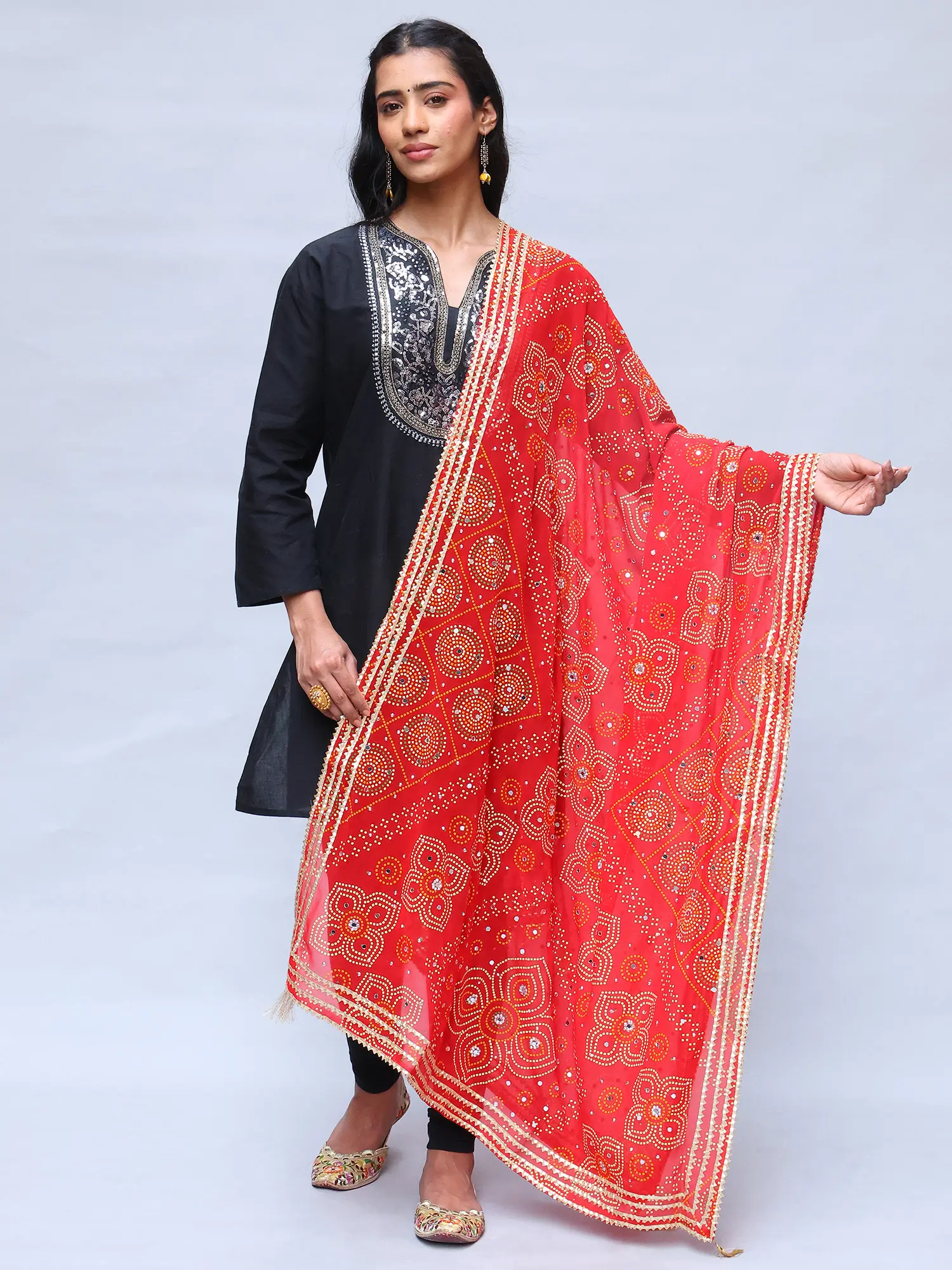 True-Red Georgette Bandhani Dupatta with Bead-Mirror work and Gotta Patti Border