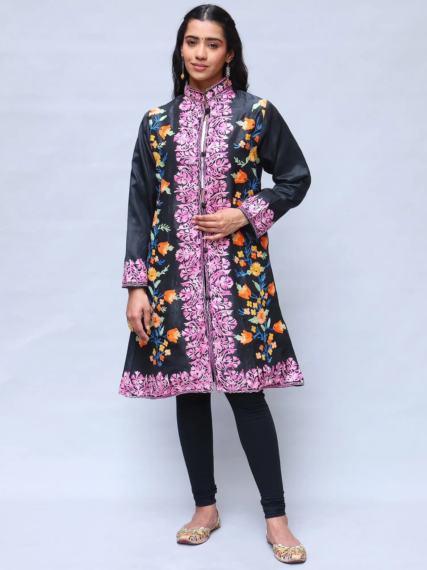 Black-Olive Kashmiri Long Jacket with Aari Embroidered Floral Vines with Side Pockets
