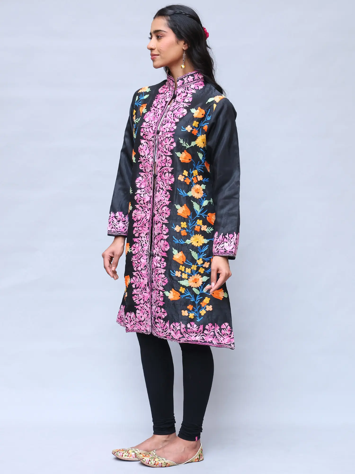 Black-Olive Kashmiri Long Jacket with Aari Embroidered Floral Vines with Side Pockets, alternate view