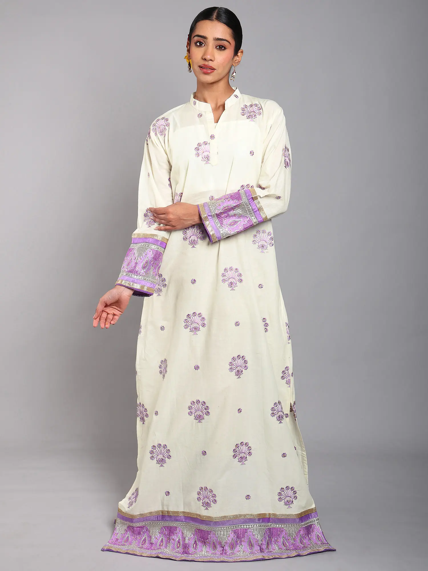 Cannoli-Cream Pure Cotton Embroidered Abaya with Bead work and Patch Border