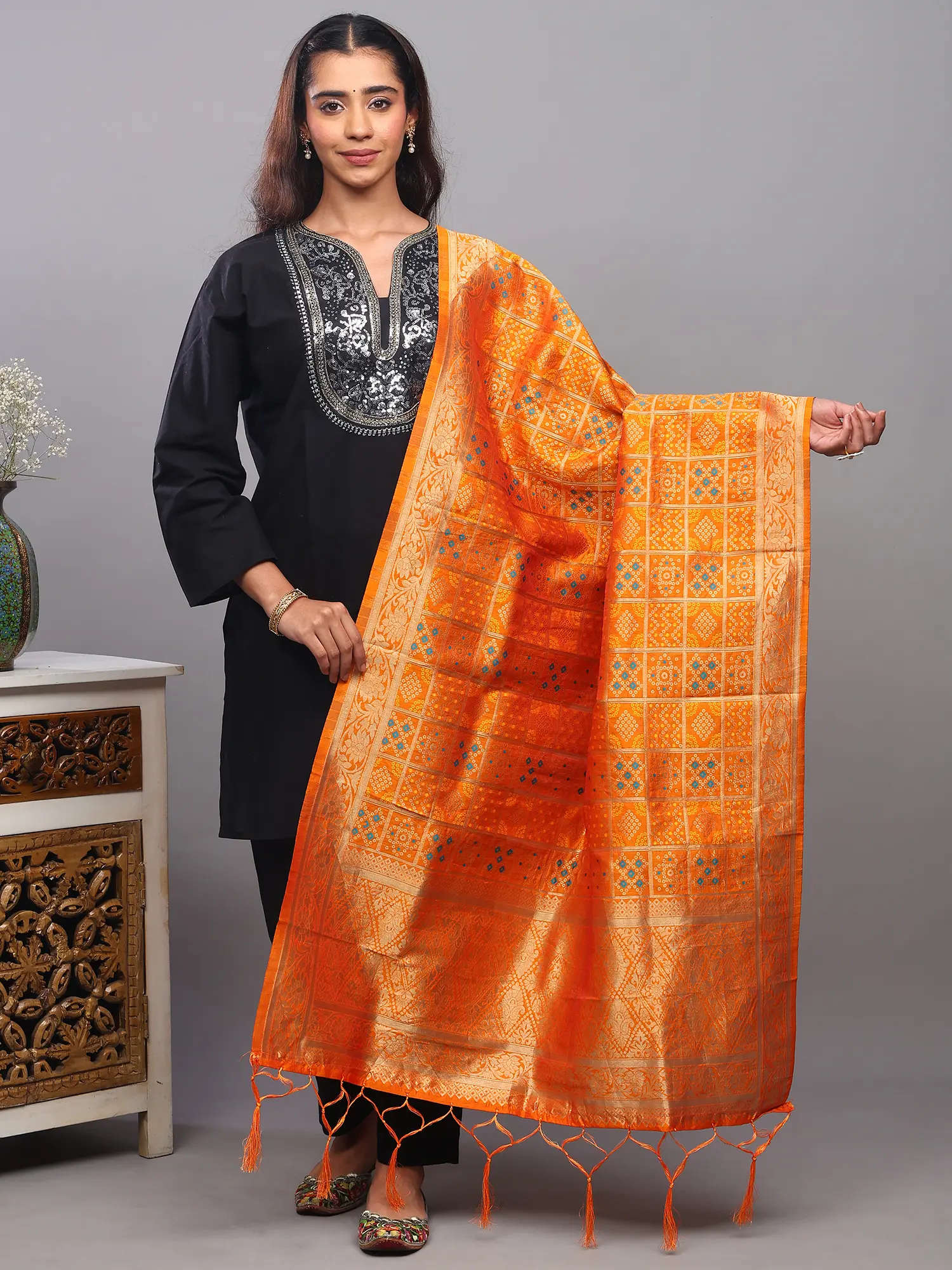 Zari Woven Bandhani Gharchola Dupatta with Floral Vine Border