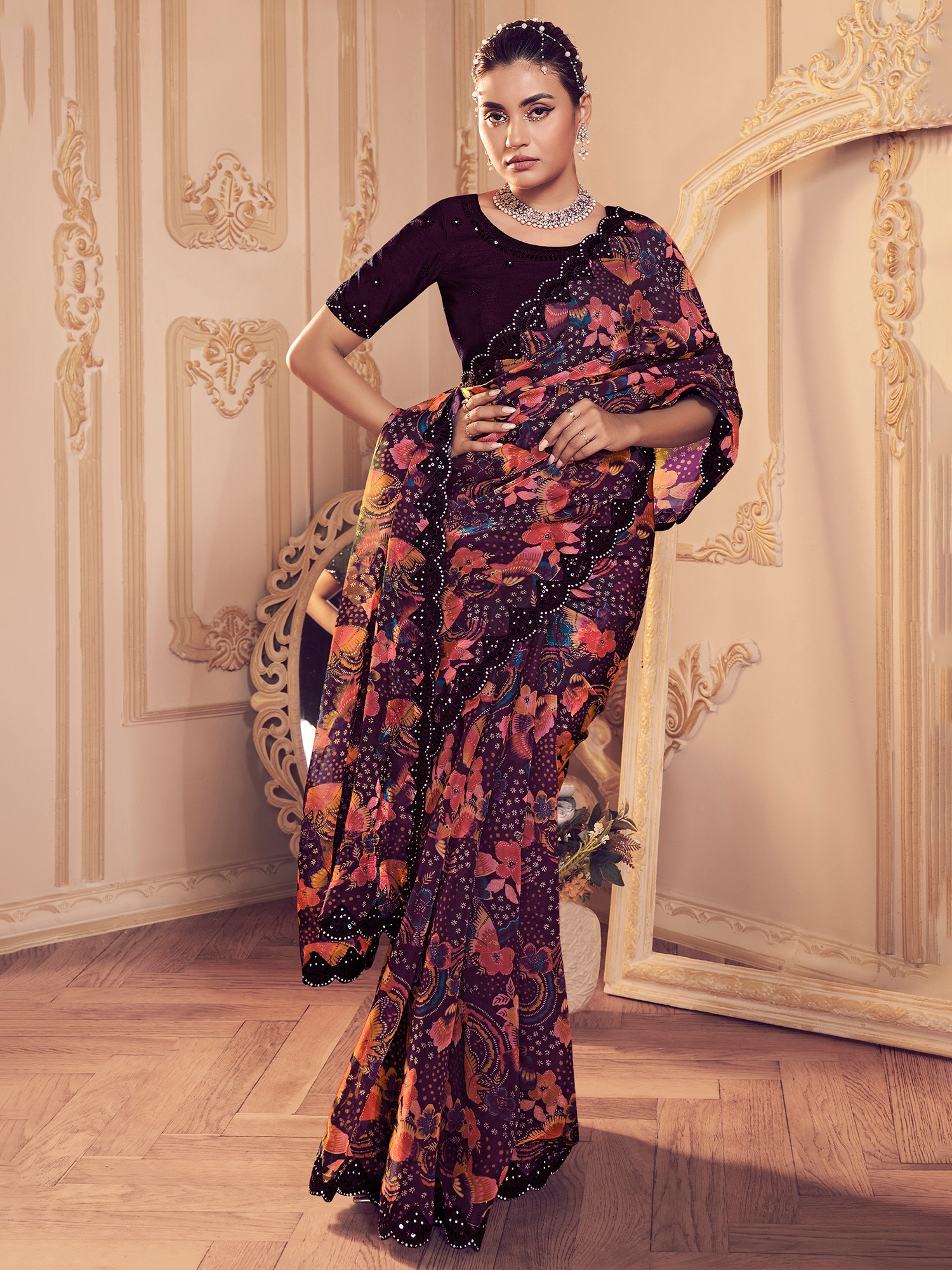 Embroidery And Sequins Work Border Floral Print Designer Jimmy