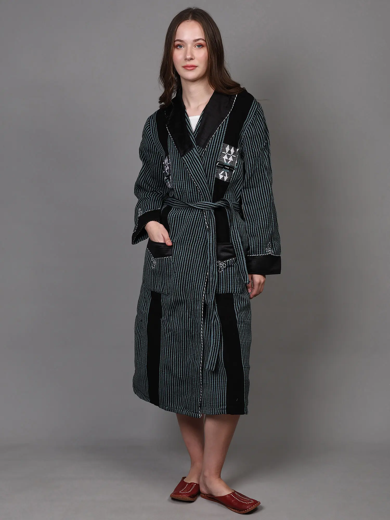 Wool Stripe Woven Robe with Waist Belt and Pocket from Nagaland