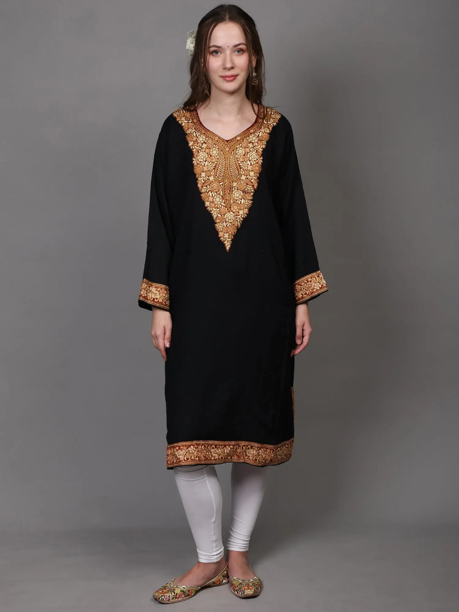 Pirate-Black Kashmir Phiran with Aari Embroidered Flowers and Paisleys