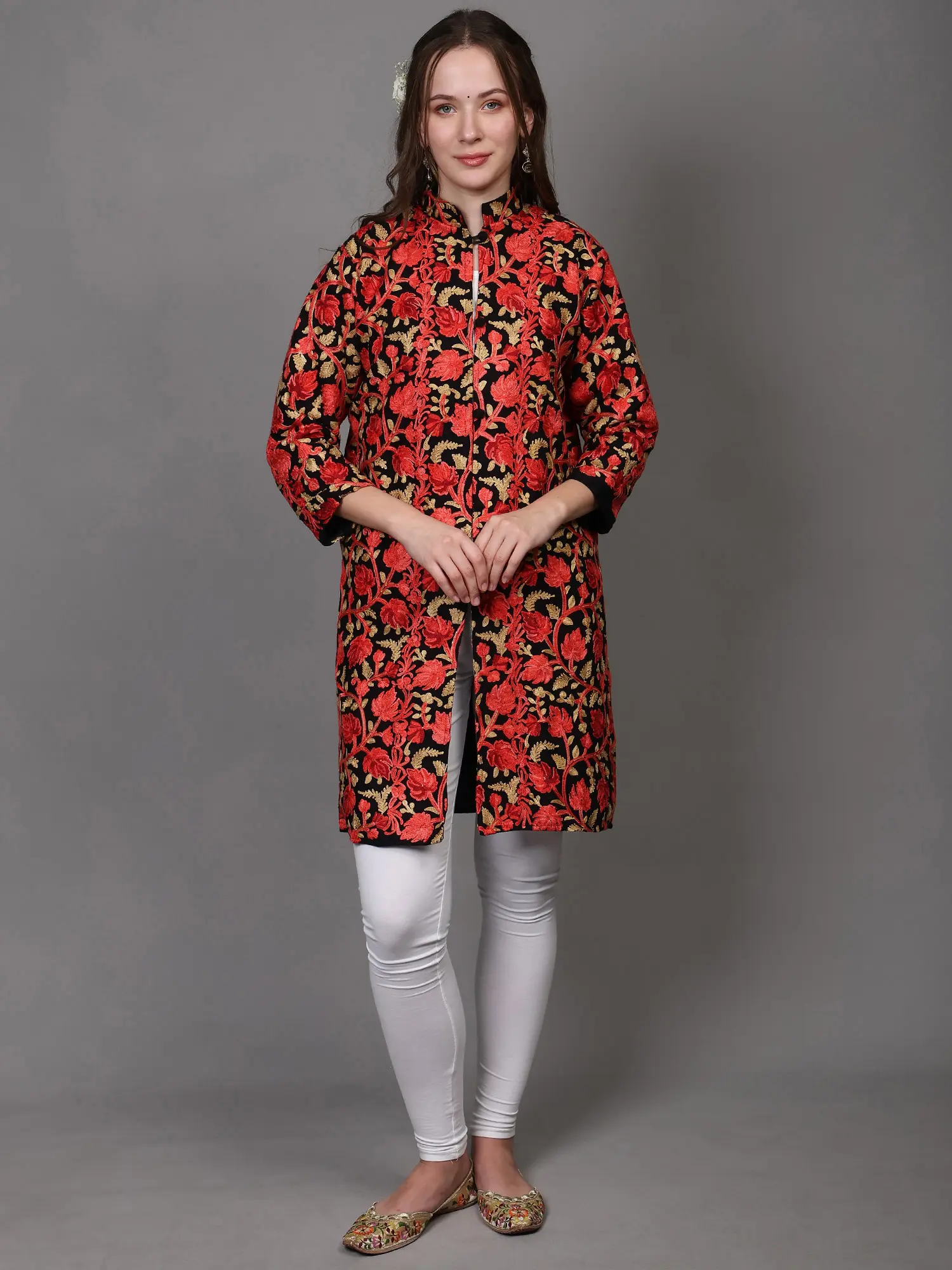 Pirate-Black Wool Long Jacket with All-Over Aari Embroidered Maple Vines from Kashmir