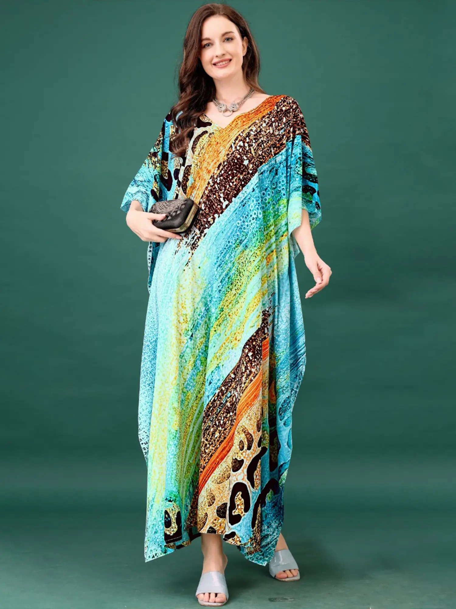 Multi-Color Printed V-neck Long Kaftan with Internal Drawstring