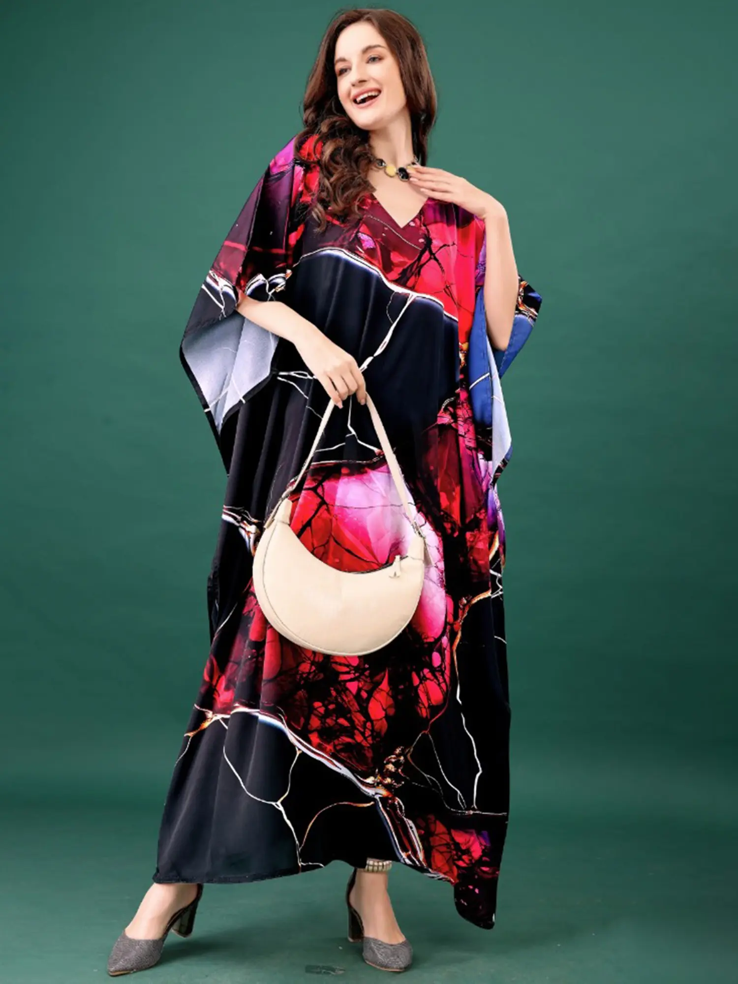 Red and Black Abstract Printed Long Kaftan with Internal Drawstring