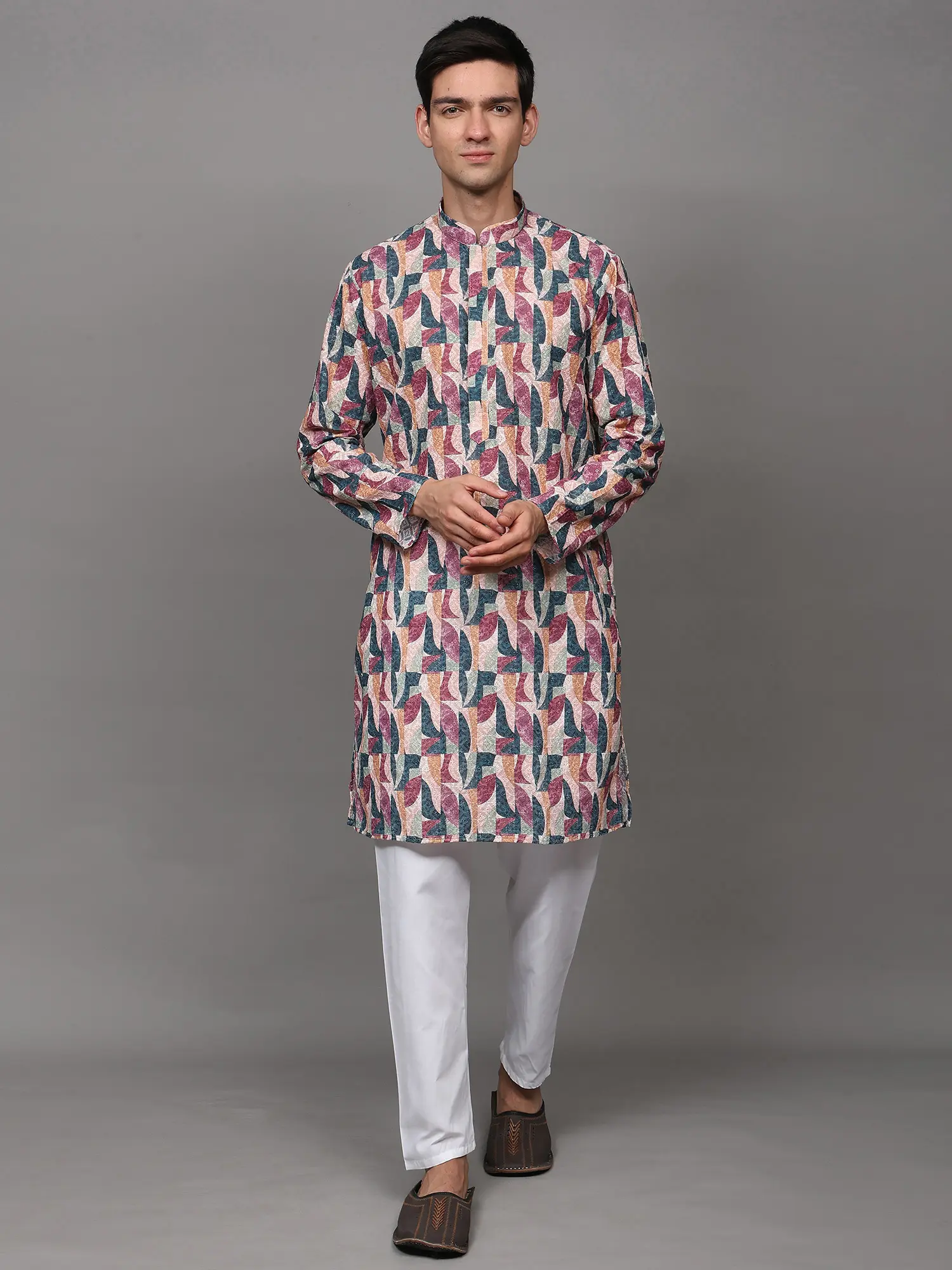 Multicolor Chikankari Embroidered Kurta Pajama Set with All-Over Printed Pattern and Sequin Work