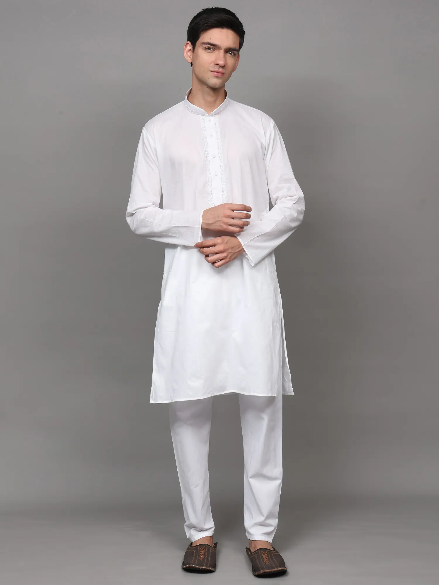 Lucent-White Cotton Kurta Pajama Set with Embroidery on Neck