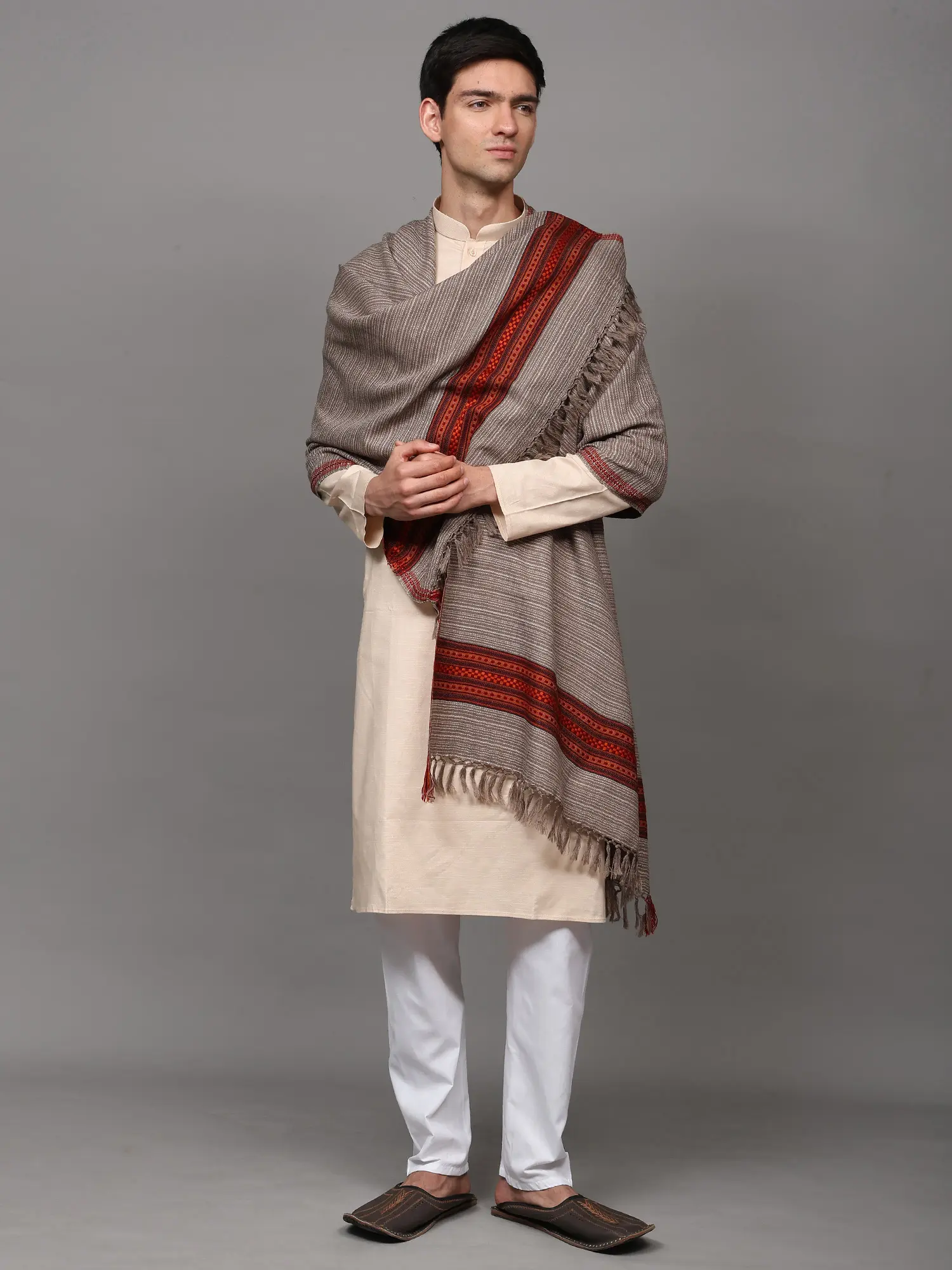 Vintage-Khaki Stripe Woven Stole with Kinnauri Border from Kullu