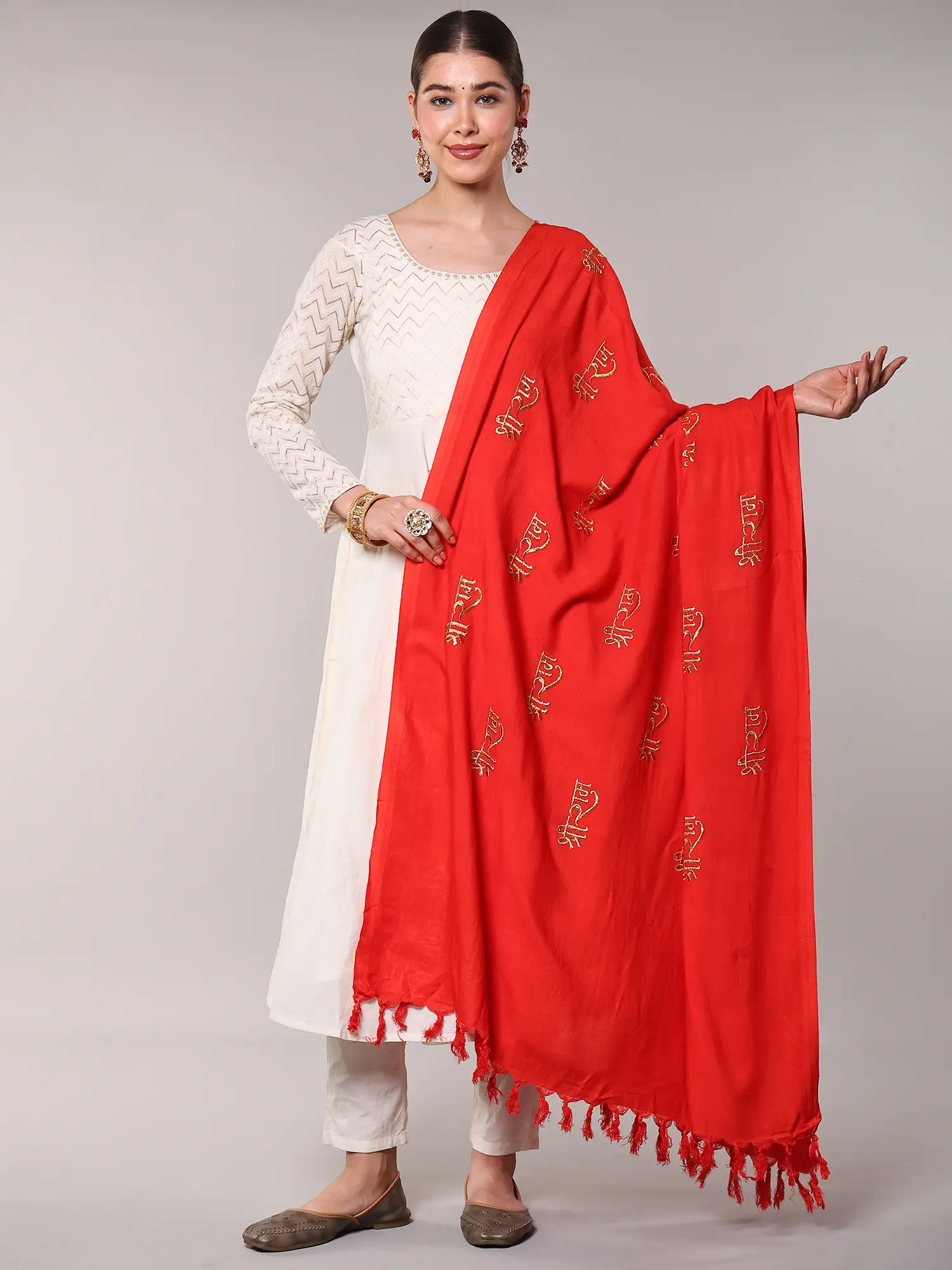 Aurora-Red Shree Ram Prayer Shawl with Zari Embroidery