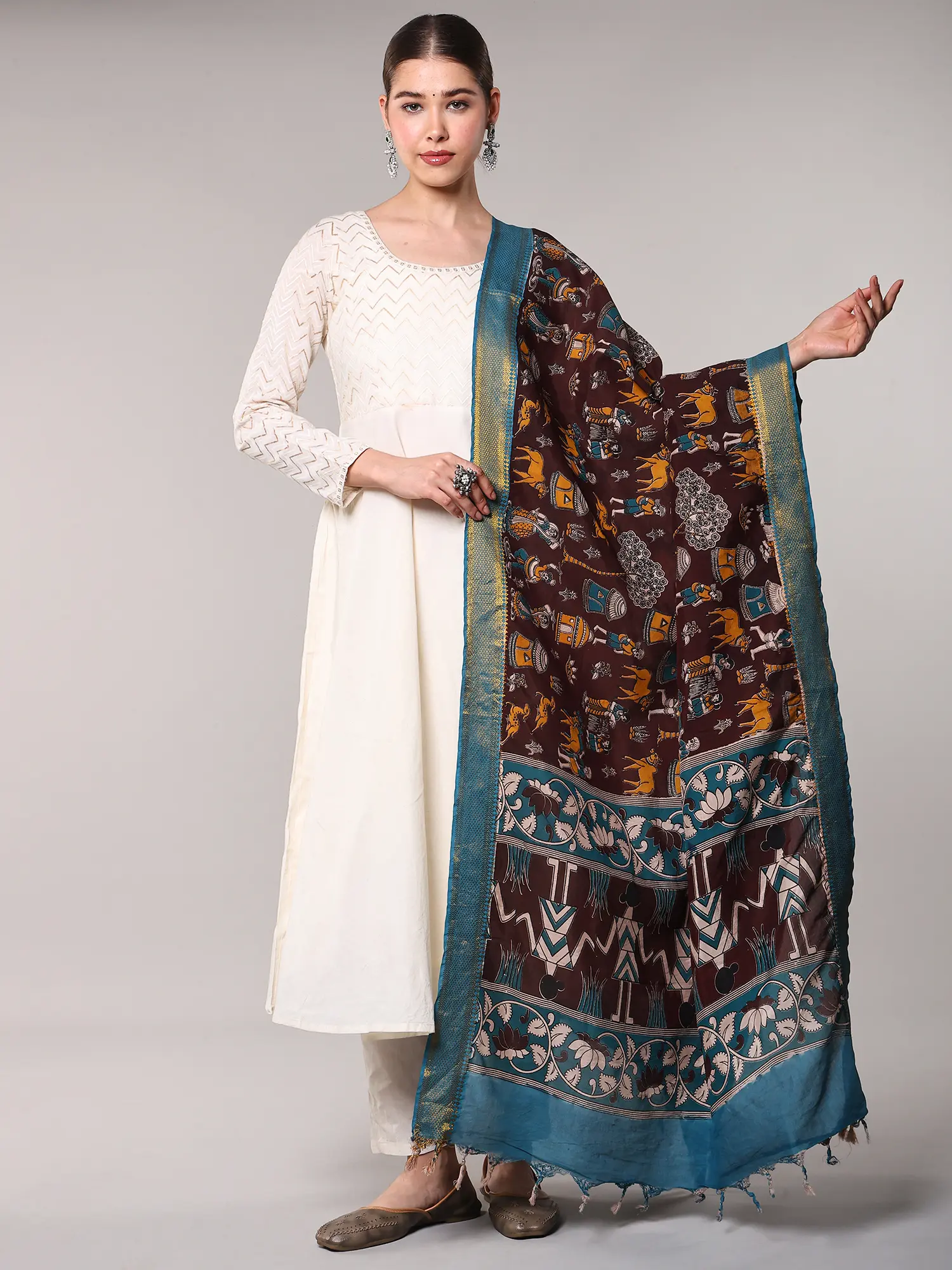 Brown-Stone Kalamkari Dupatta from Telangana with Printed Depicting Village Life and Zari Border