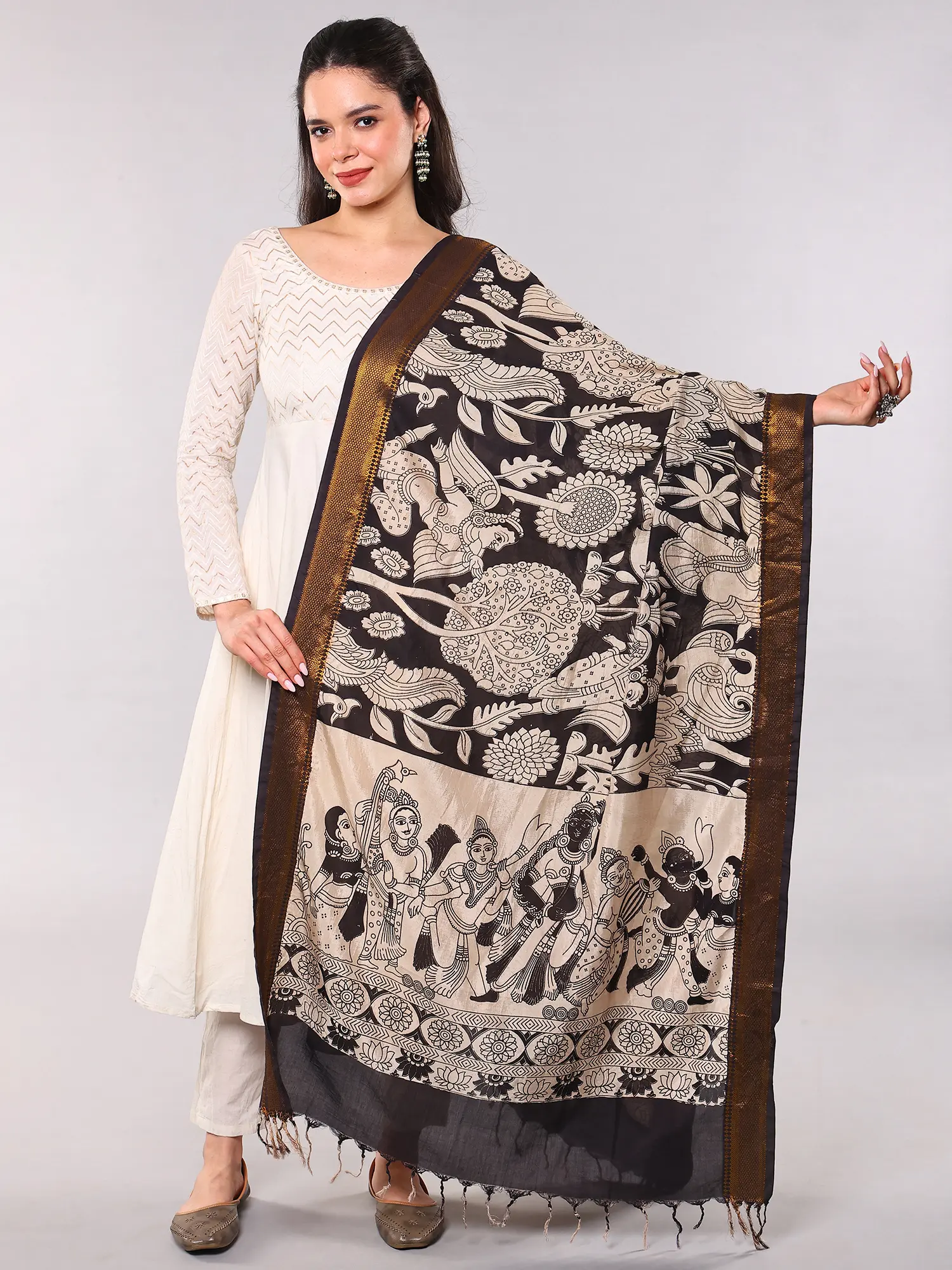 Kalamkari Zari Border Dupatta with Printed Angels and Musical Group from Telangana