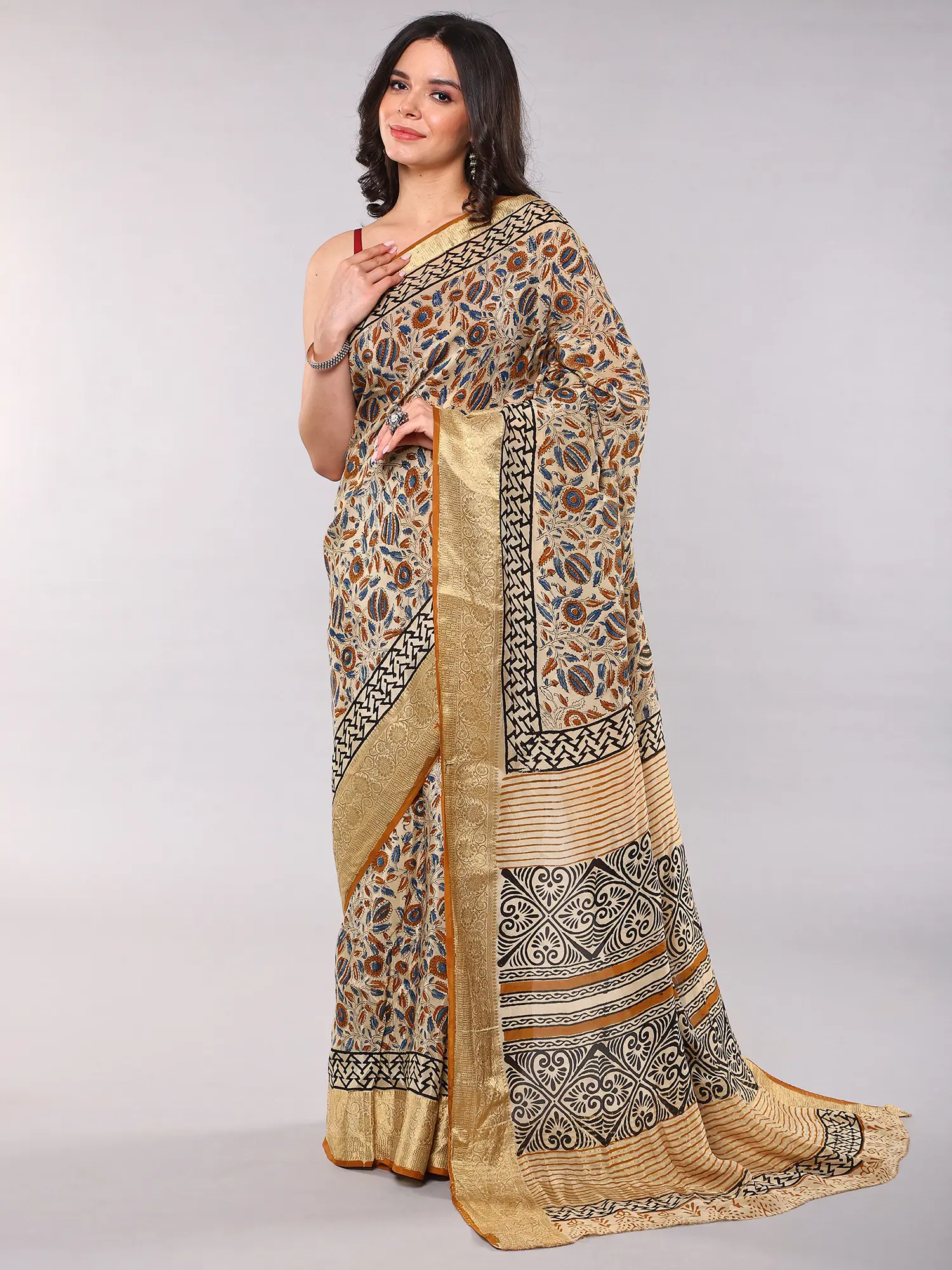 Creme-Brulee Printed Dola Silk Saree with Zari woven Floral Border