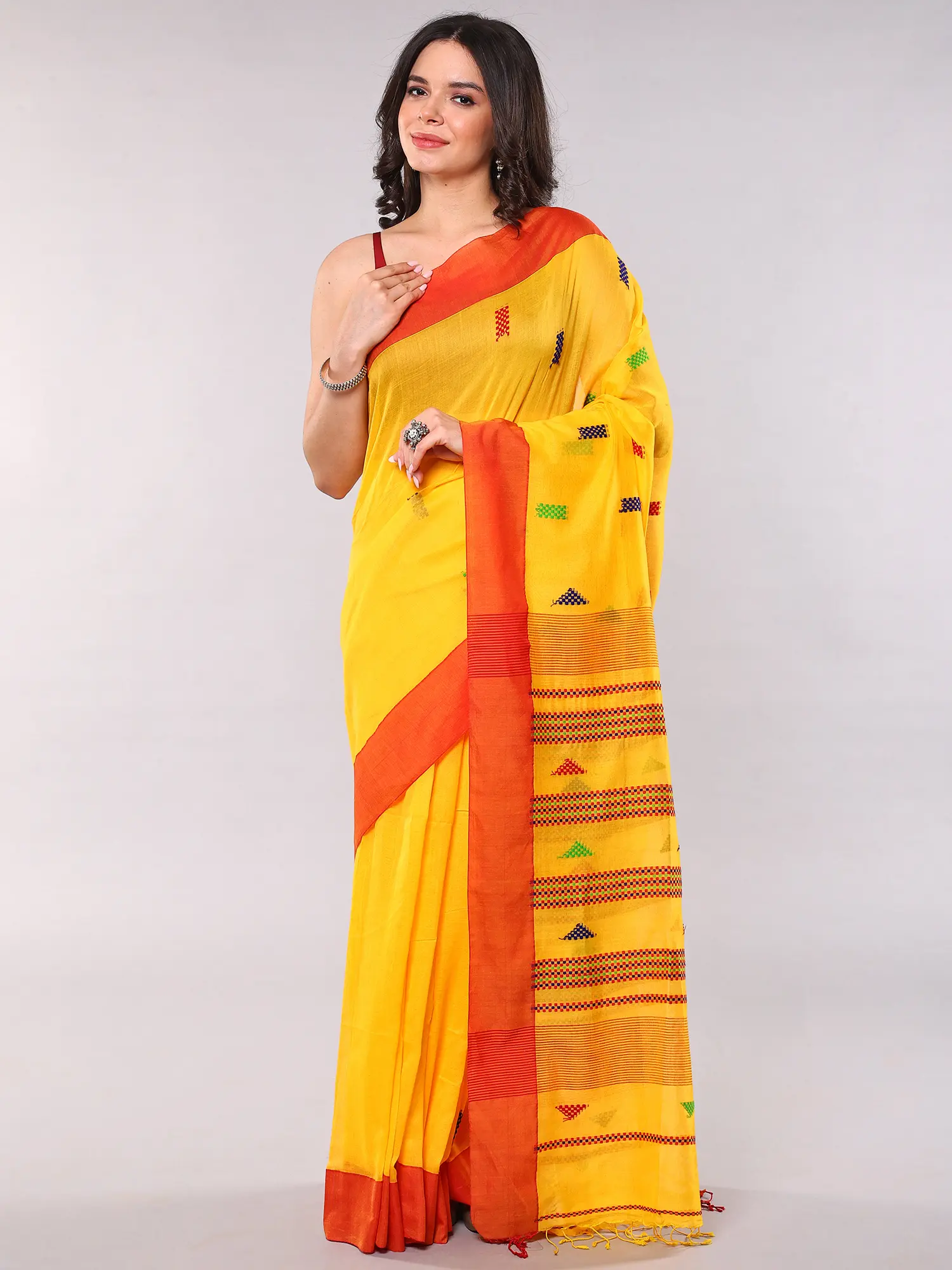 Gold-Fusion Cotton Saree with Contrast Red Border with Woven Motifs from Bengal