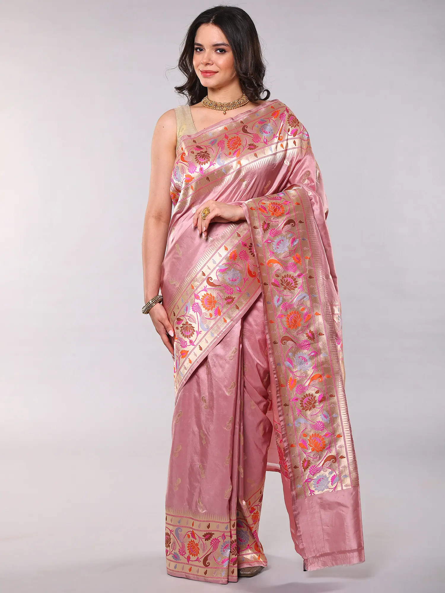 Misty-Rose Pure Silk Handloom Banarasi Saree with All-Over Kadhwa Weave and Peacocks Border-Pallu