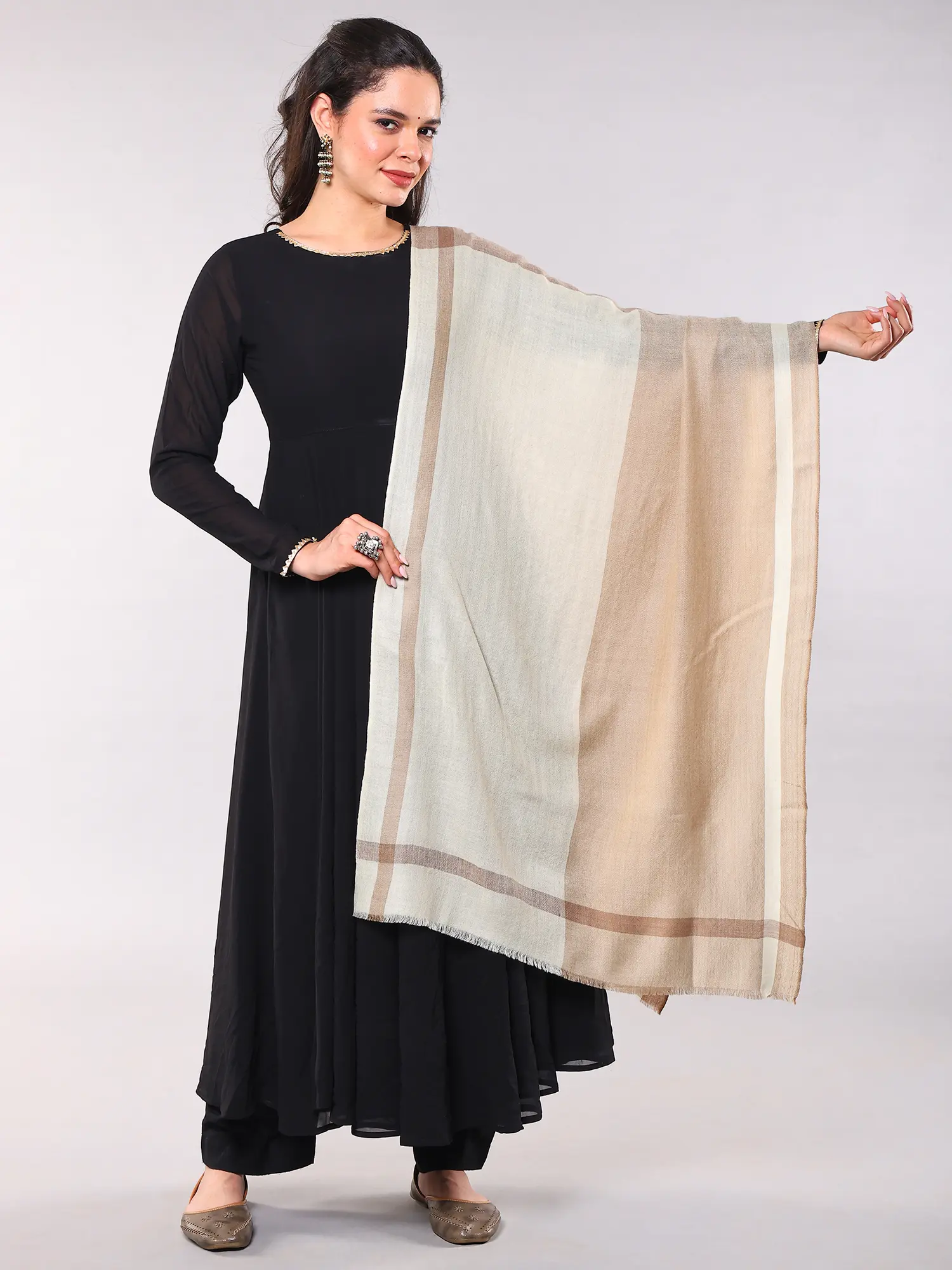 Ivory and Light-Brown Pure Wool Stole from Kashmir and Chevron Weave with Four Box Patterns