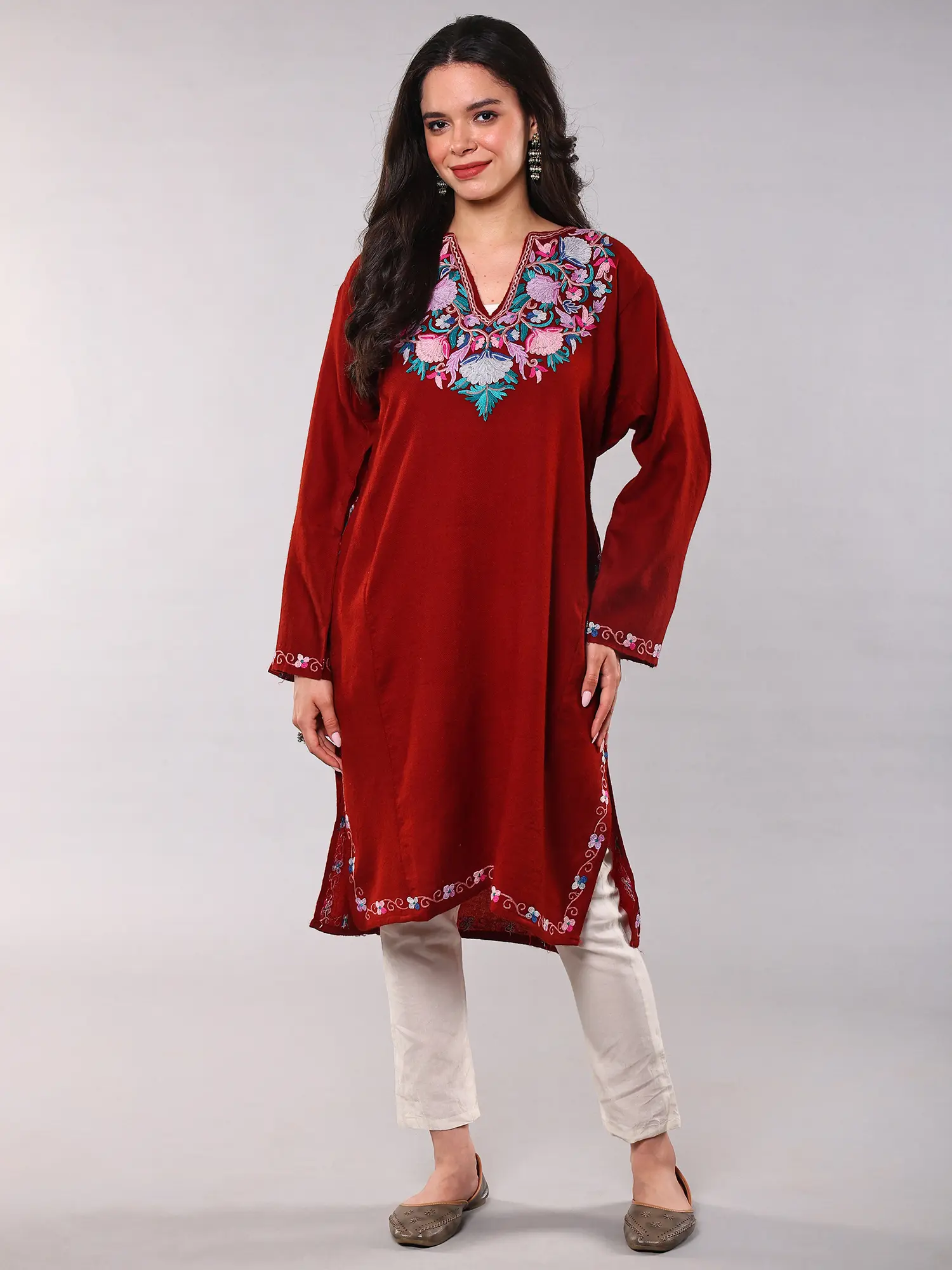 Burnt-Henna Pure Wool Kashmiri Phiran with Aari Embroidery on Neck and Side Pockets