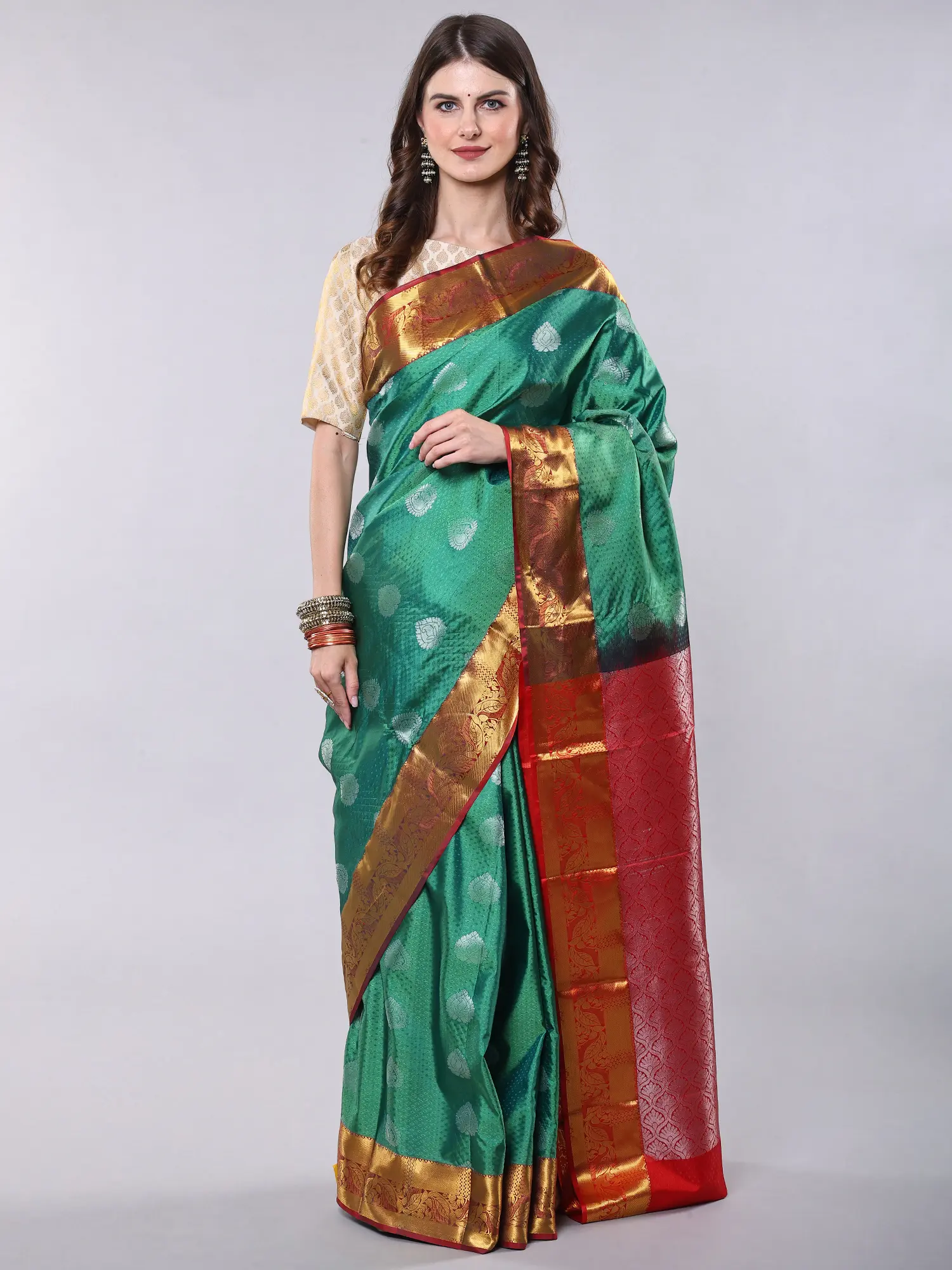 Verdant-Green Saree from Bangalore with Zari work Contrast Border and Woven Bootis