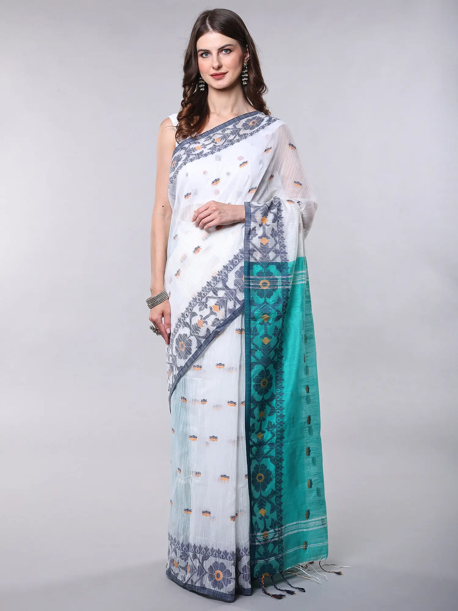 Lucent-White Jamdani Saree with Woven Bootis and Floral Border from Bengal