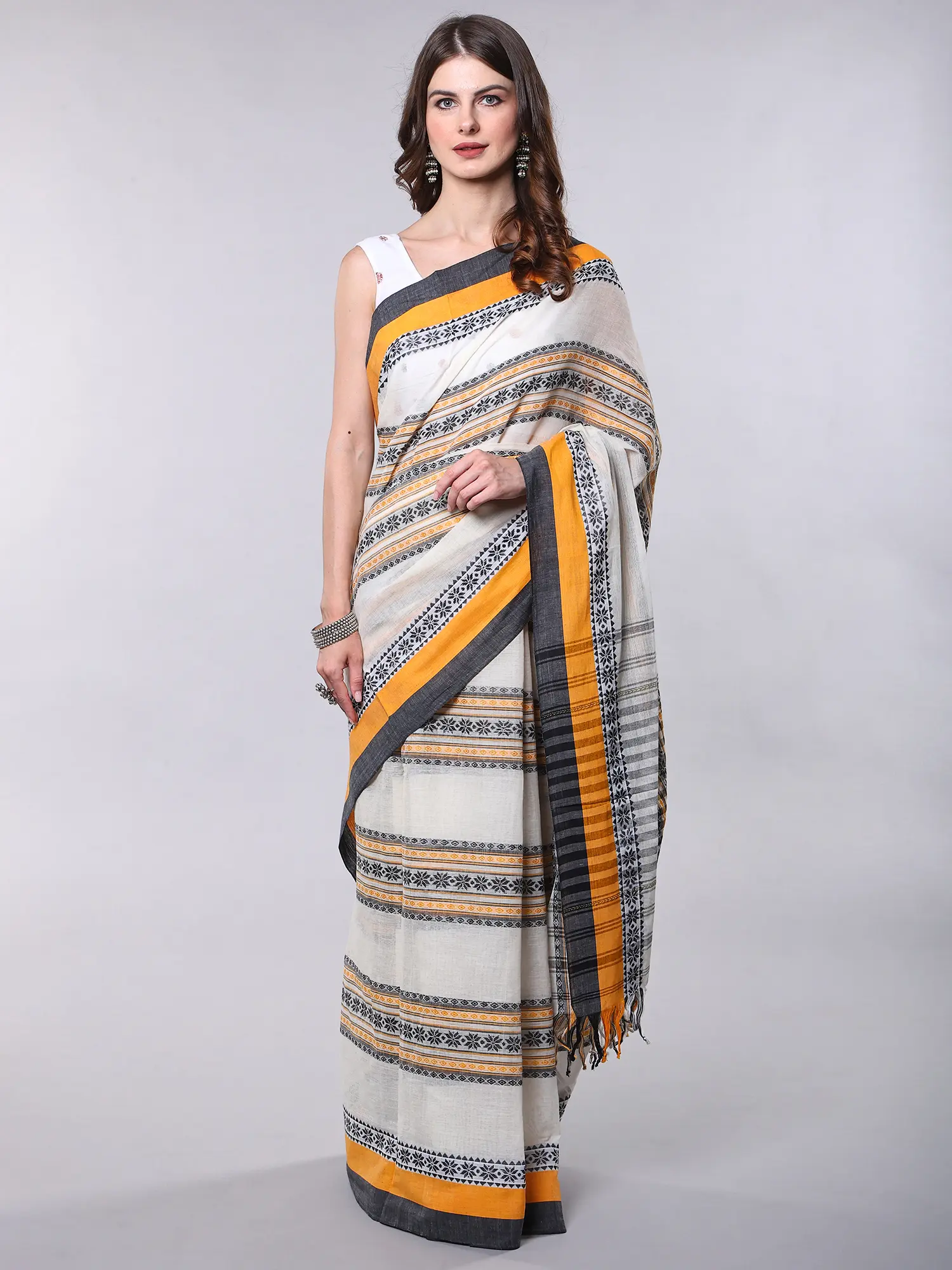 Cannoli-Cream Cotton Saree from Bengal with Stripes Weave and Contrast Border