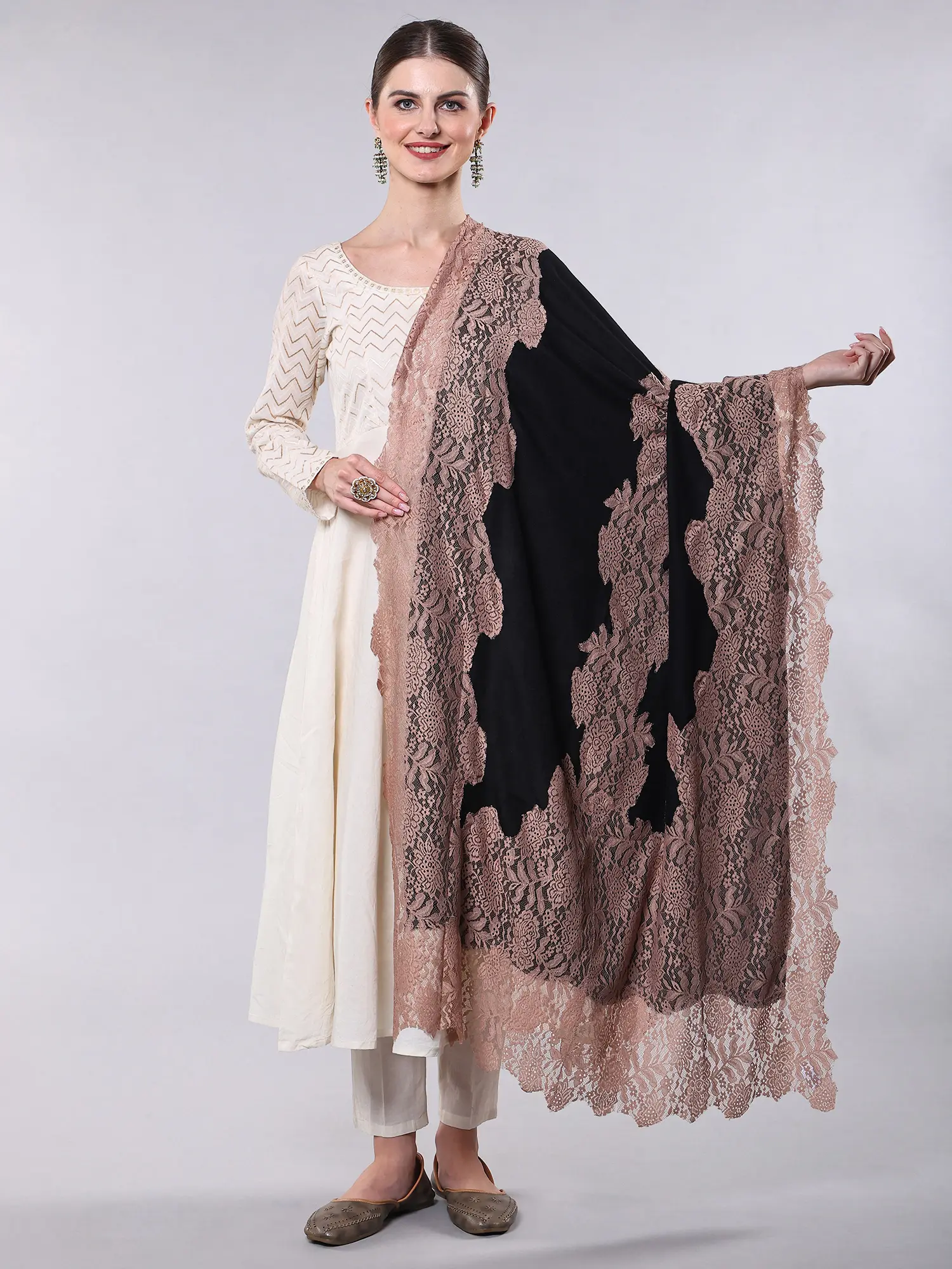 Diamond Weave Wool Shawl with Floral Valentino Lace Border from Amritsar