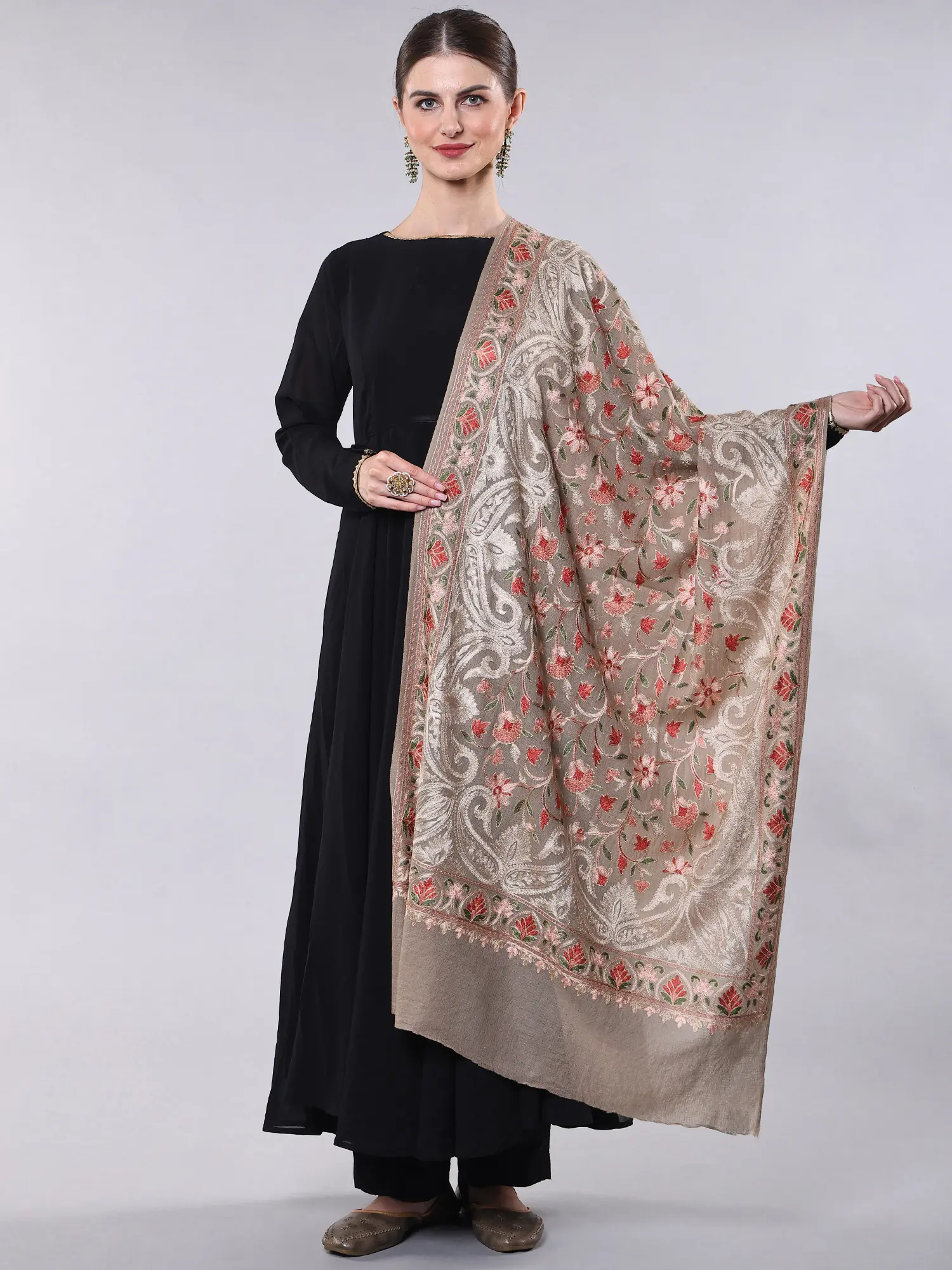 Wool Stole with Intricate Multicolor Thread Embroidered Flowers and Paisely Border