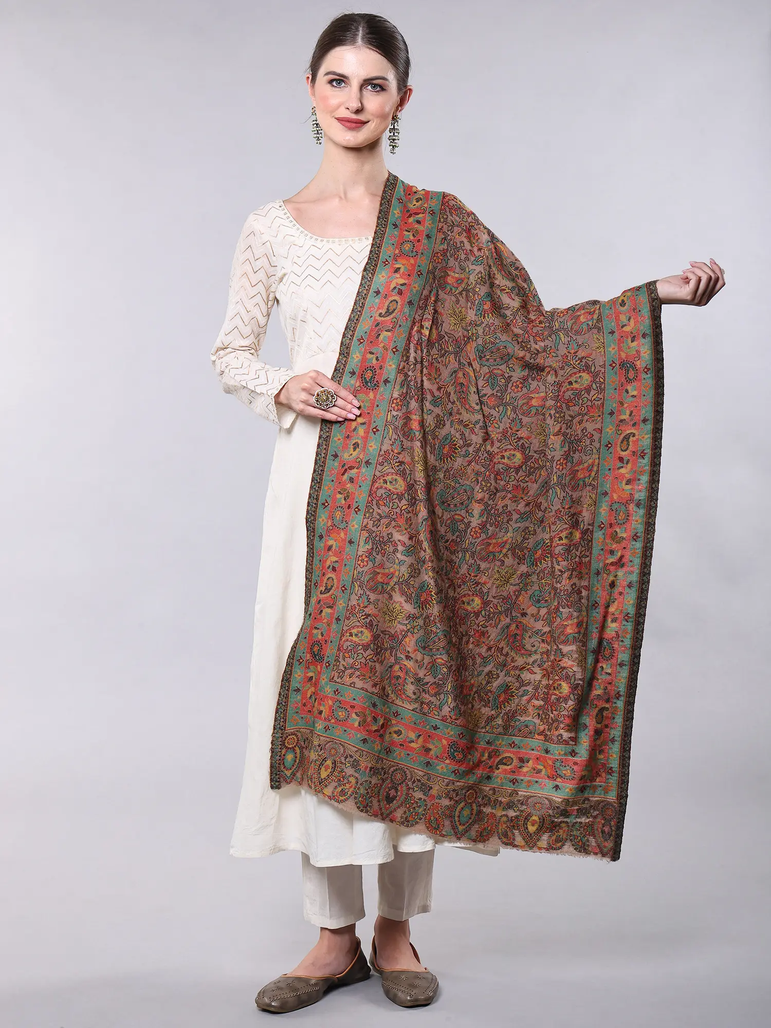 Warm-Taupe Jamawar Wool Stole with Multicolor Thread Woven Paiselys