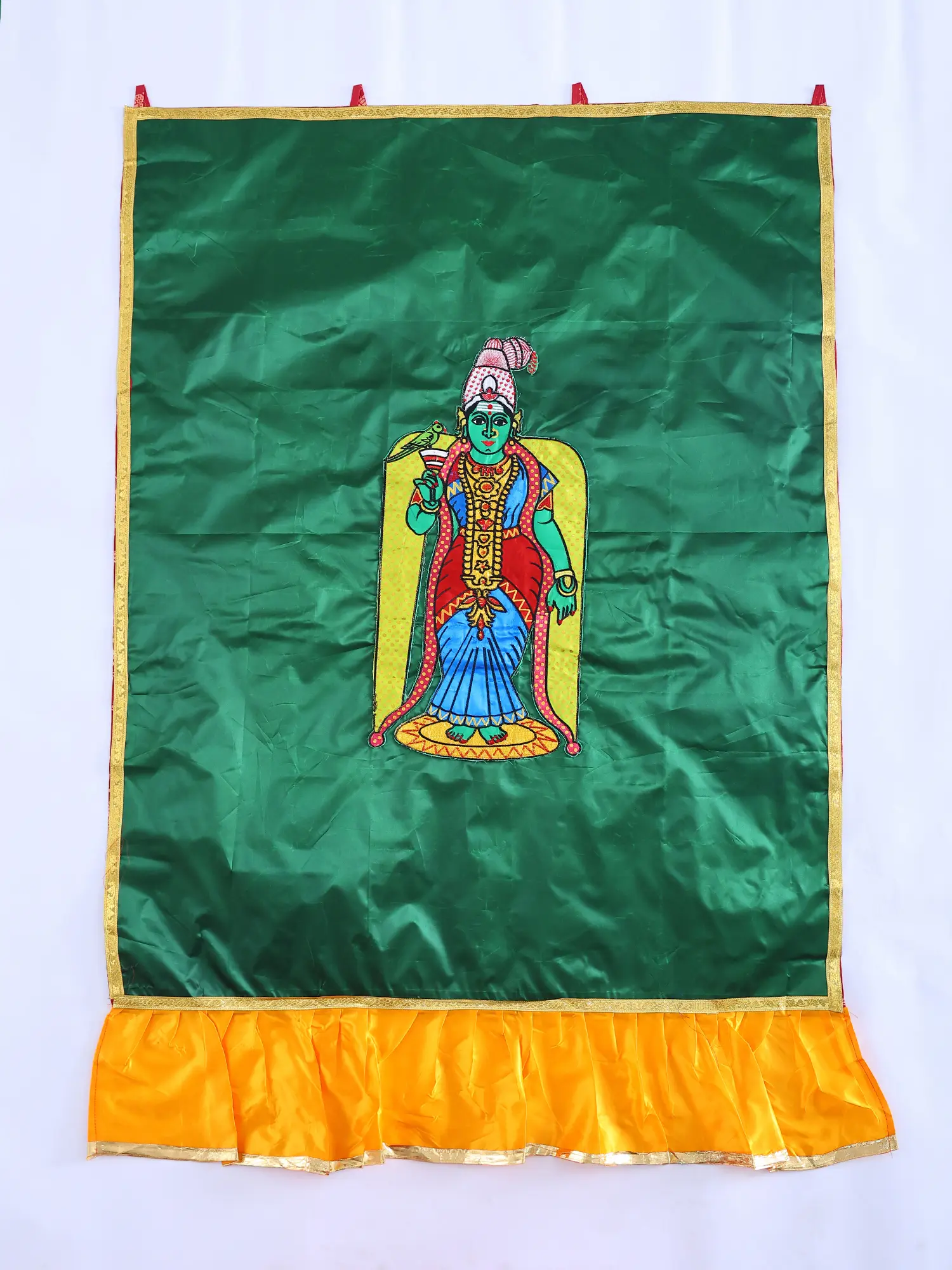 Abundant-Green Auspicious Temple Curtain with Embroidered Devi Meenakshi Amma in Applique