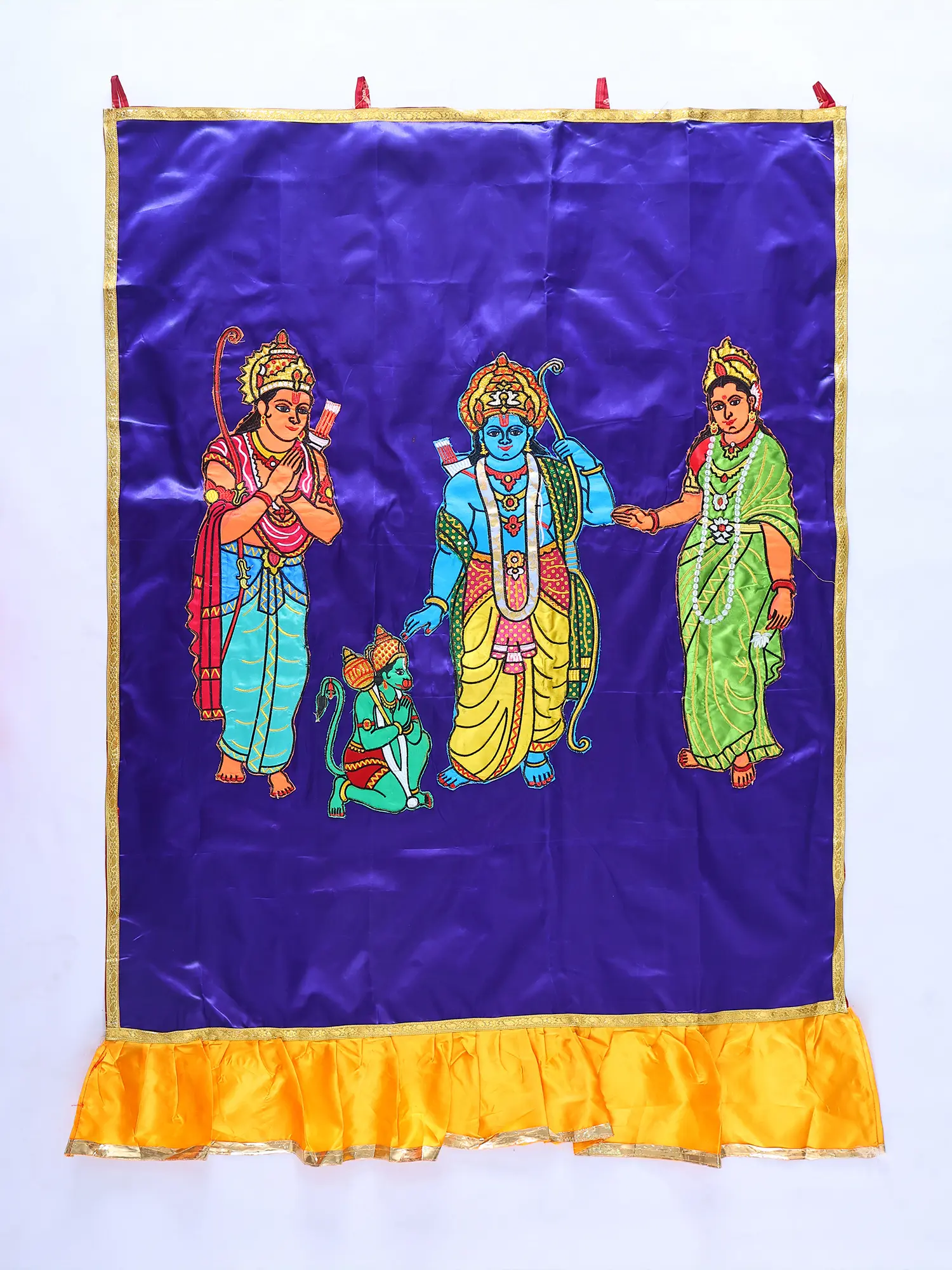 Mazarine-Blue Shri Ram Darbar Auspicious Temple Curtain with Applique Work