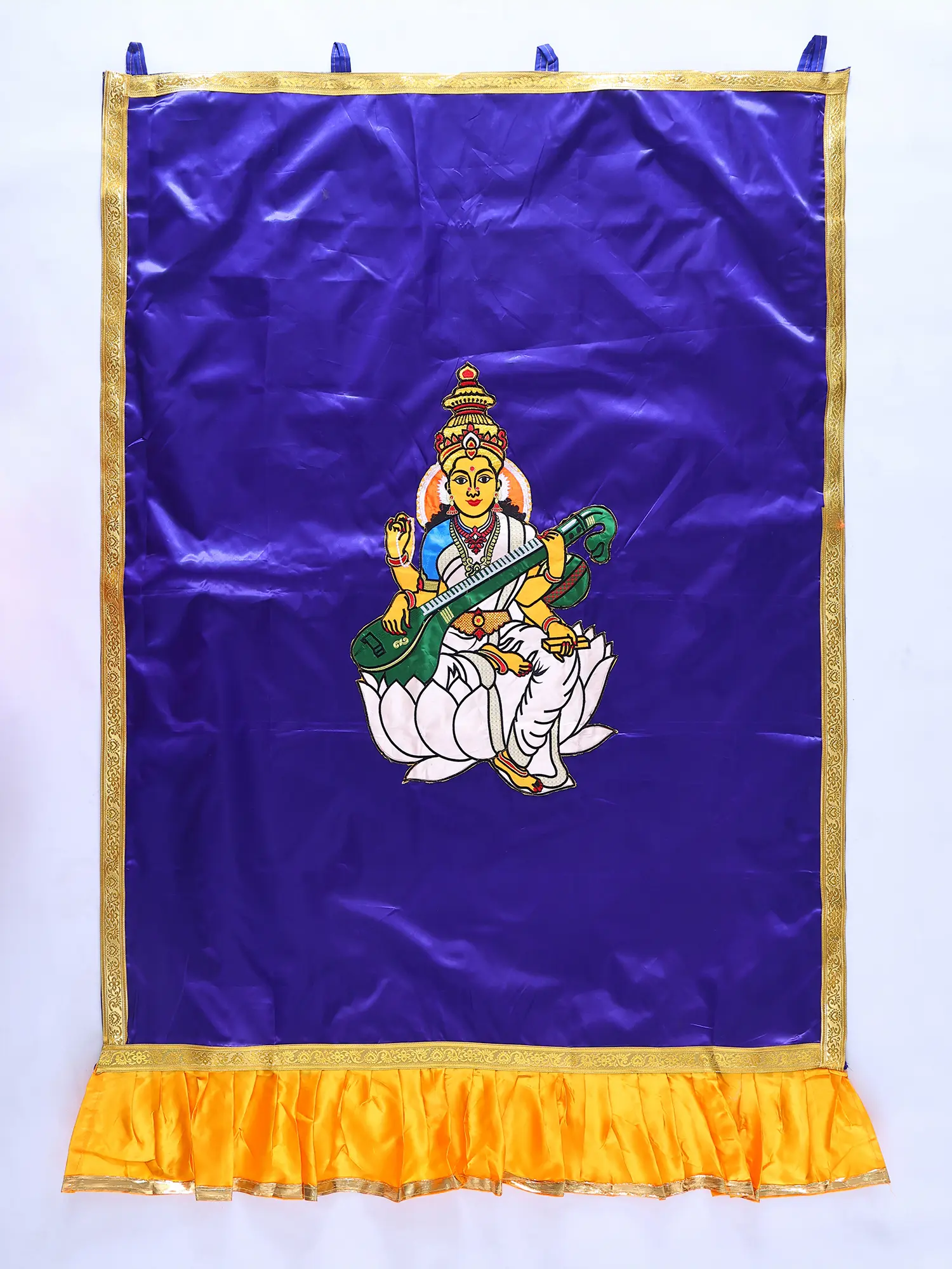 Nautical-Blue Auspicious Temple Curtain with Embroidered Devi Saraswati Playing Veena Applique