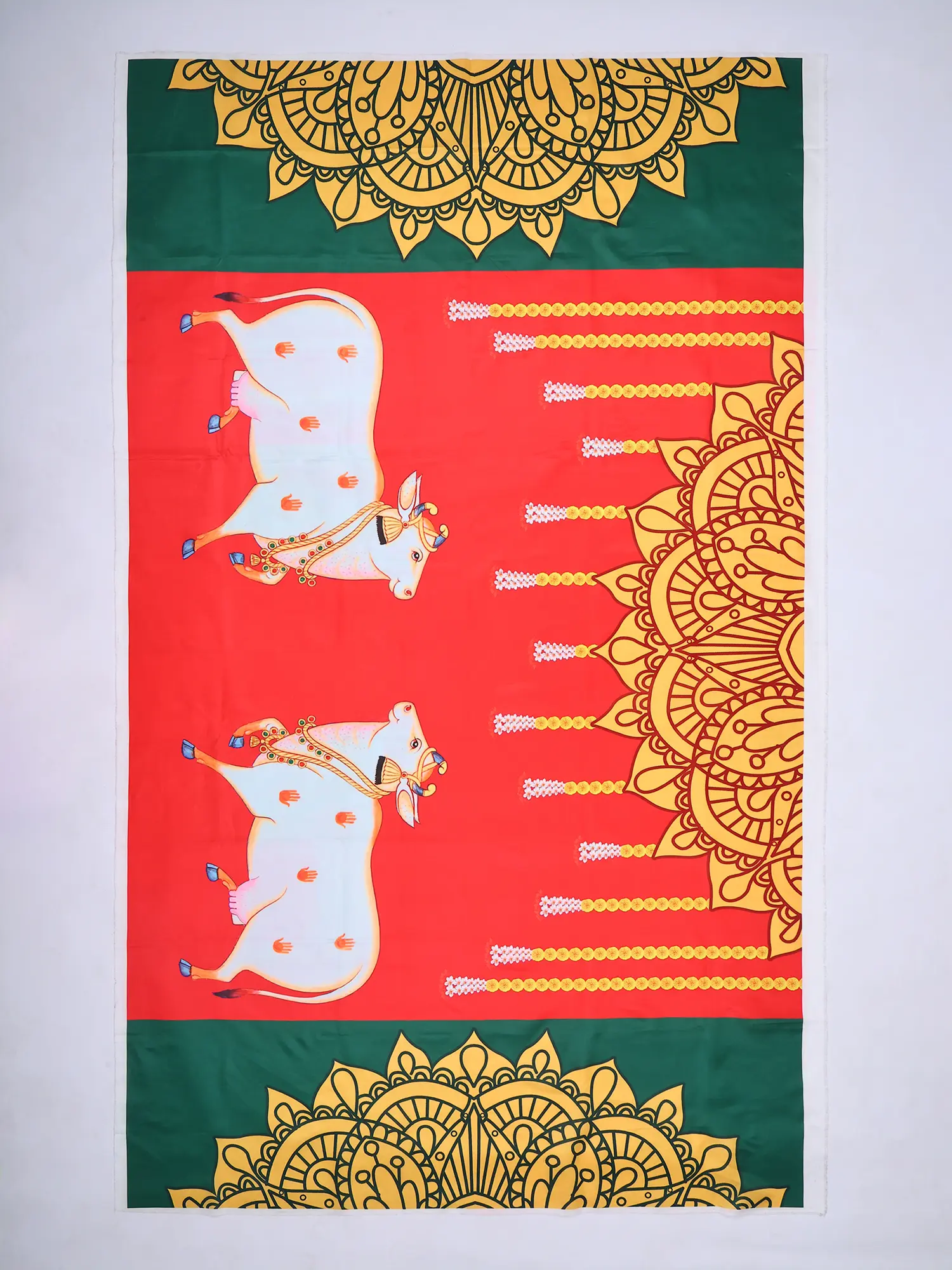 Green and Red Kamdhenu Cows Printed Temple Curtain
