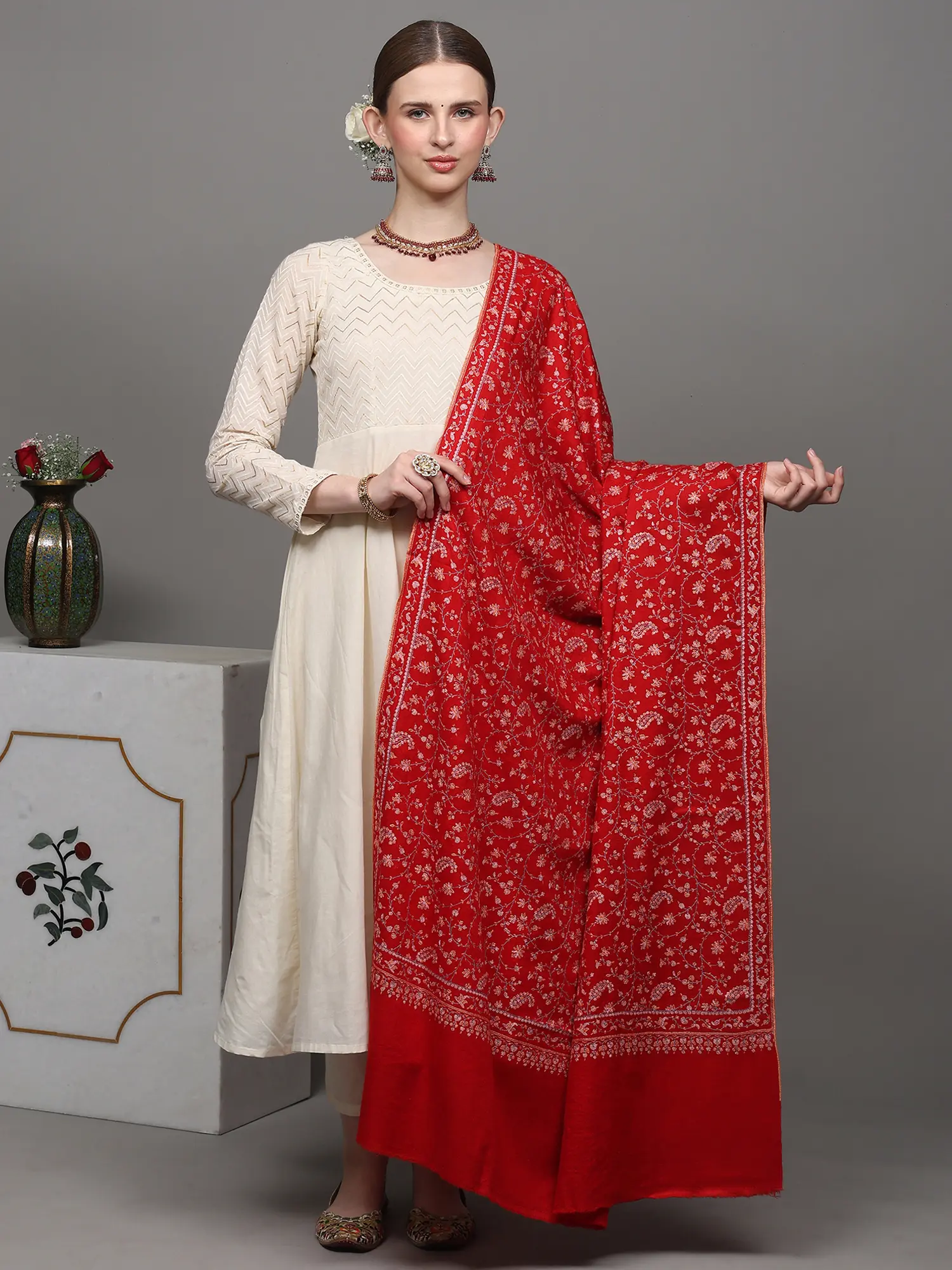 True-Red Pure Pashmina Shawl with Sozni Embroidered Paisley Jaal