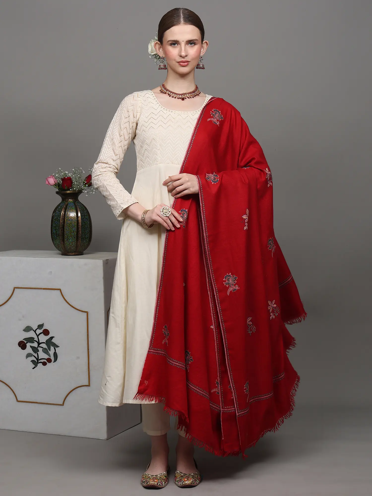 Cherry-Red Pure Pashmina Shawl with Sozni Embroidered Floral Bootis, alternate view
