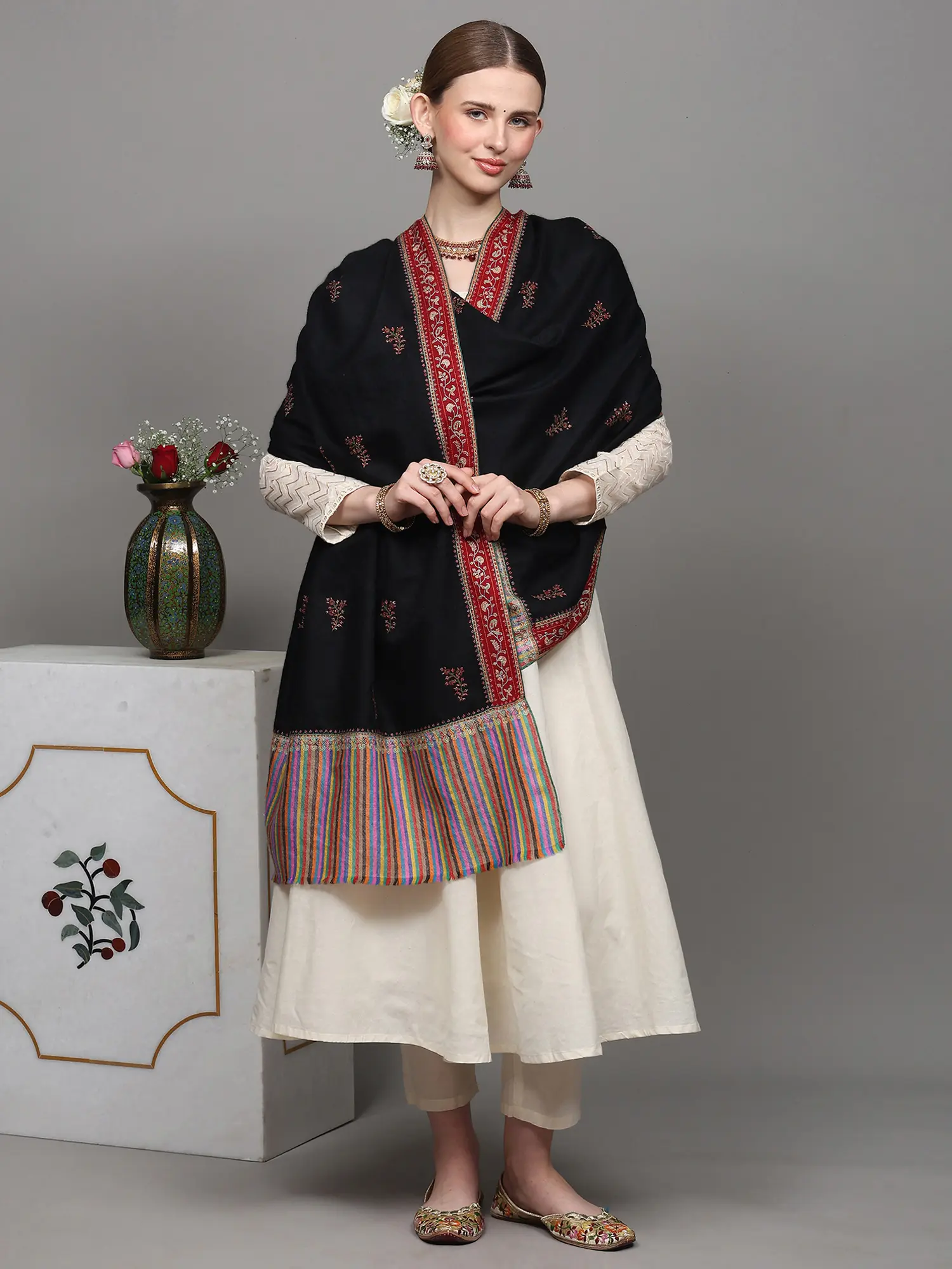 Black-Onyx Pure Pashmina Stole with Sozni Embroidered Floral Booits and Kani Border, alternate view