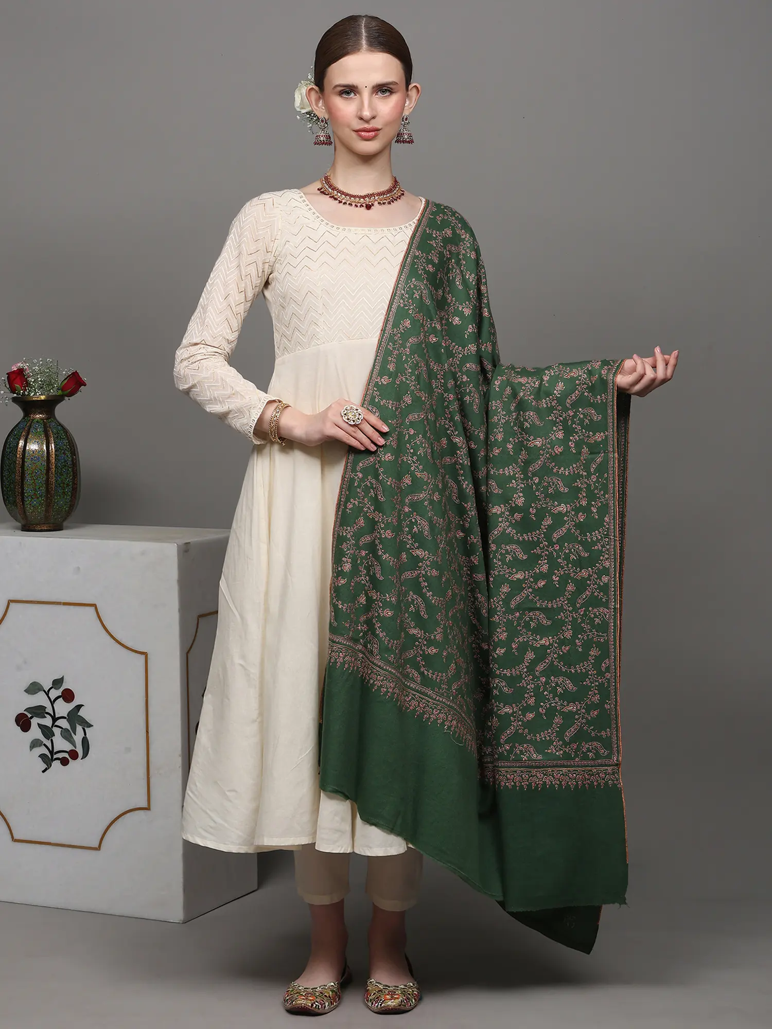 Mint-Green Pure Pashmina Shawl with Detailed Floral Jaal Sozni Embroidery by Hand