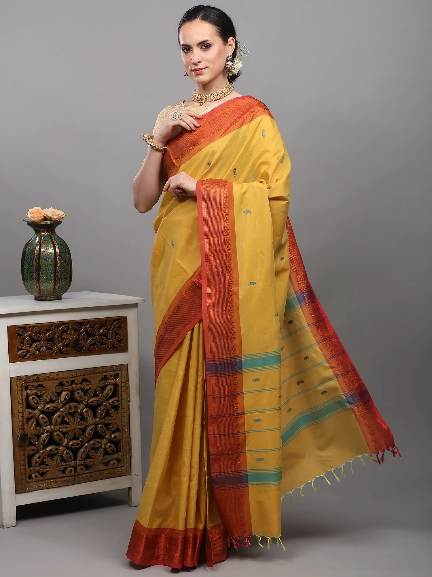 Mineral-Yellow Saree with Woven Temple Border in Copper Thread from Kumbakonam