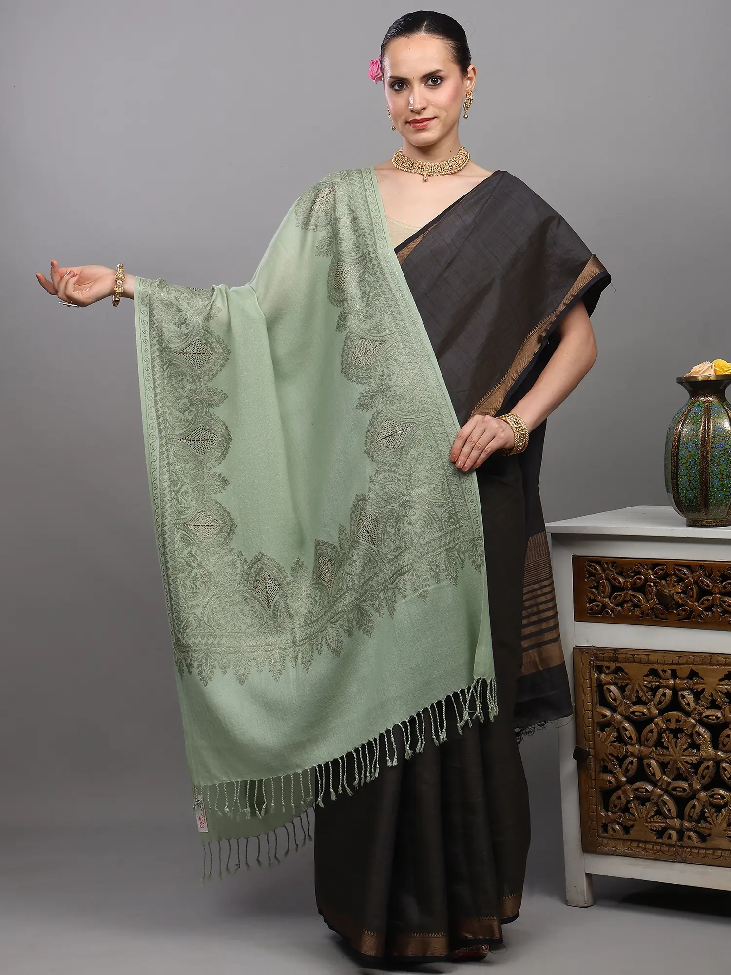 Wool Stole with Aari Embroidered Floral Border and Stone work from Amritsar