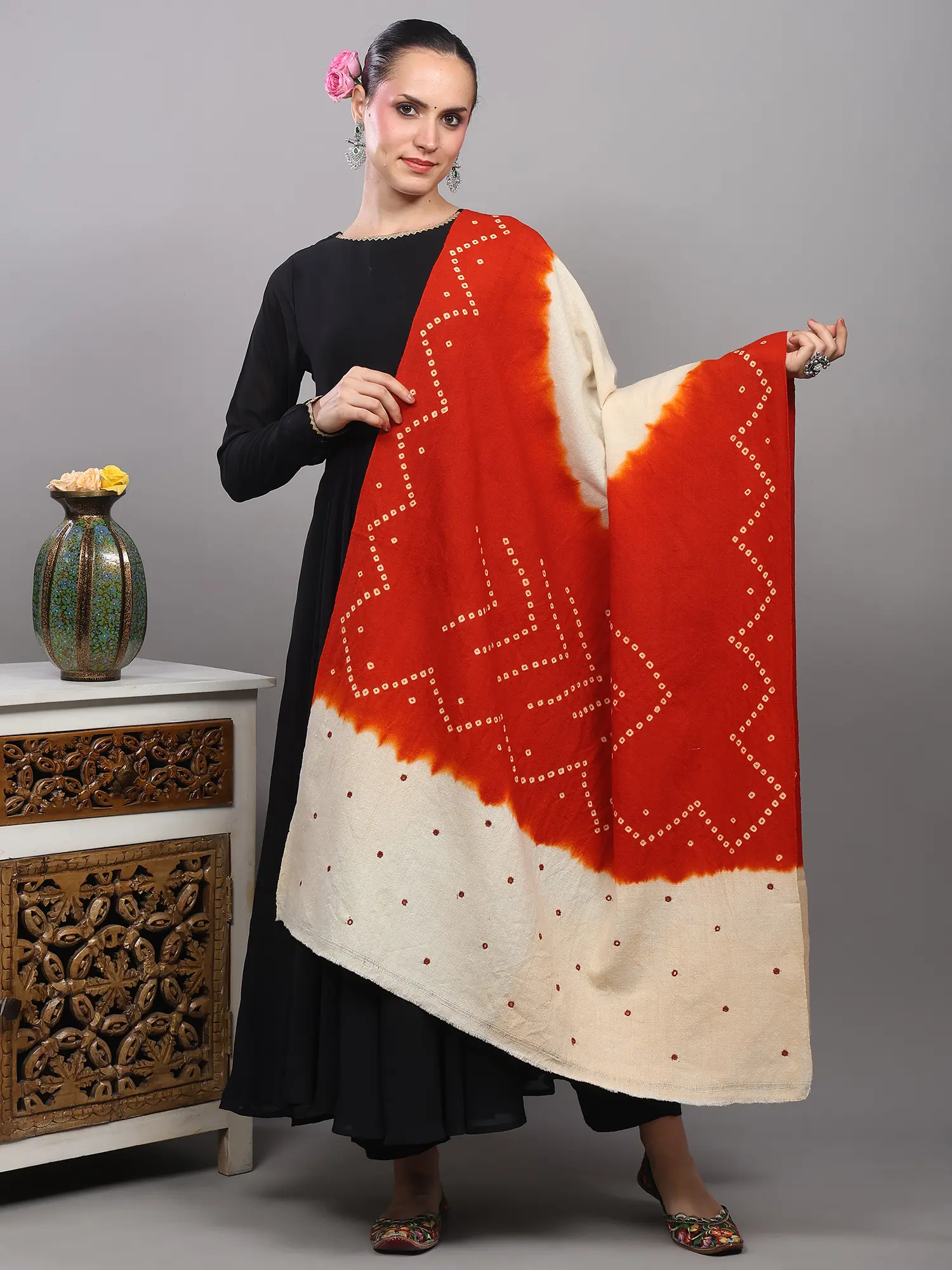 Double Shaded Bandhani Tie-Dye Shawl with Mirror Embroidered Palla from Gujarat