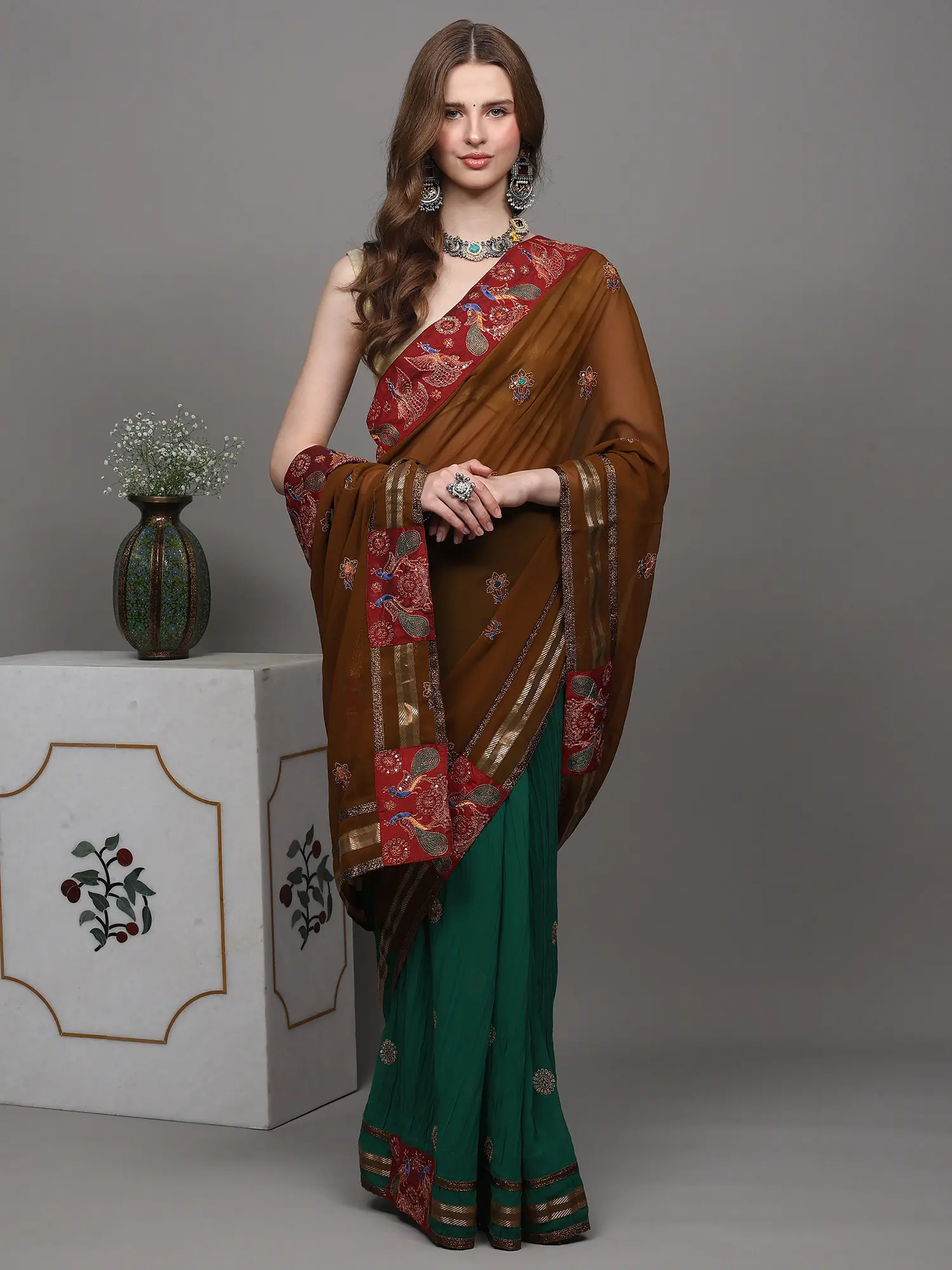 Sepia and Green Designer Saree with Sequins Embroidered as Flowers and Peacock Patch Border