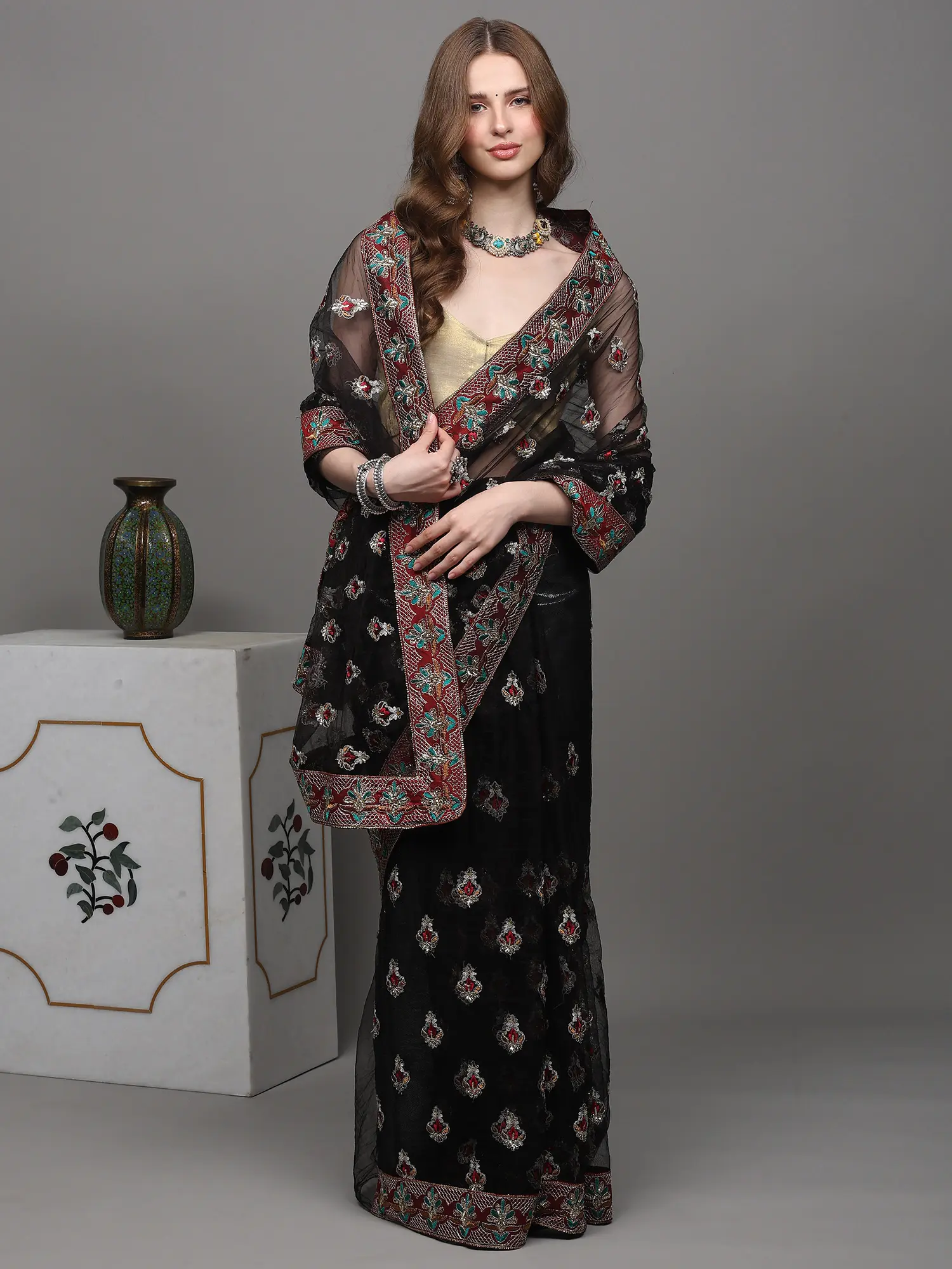 Black-Olive Shimmer Saree with Silver Thread-Sequins Embroidered Bootis All-Over and Patch Border