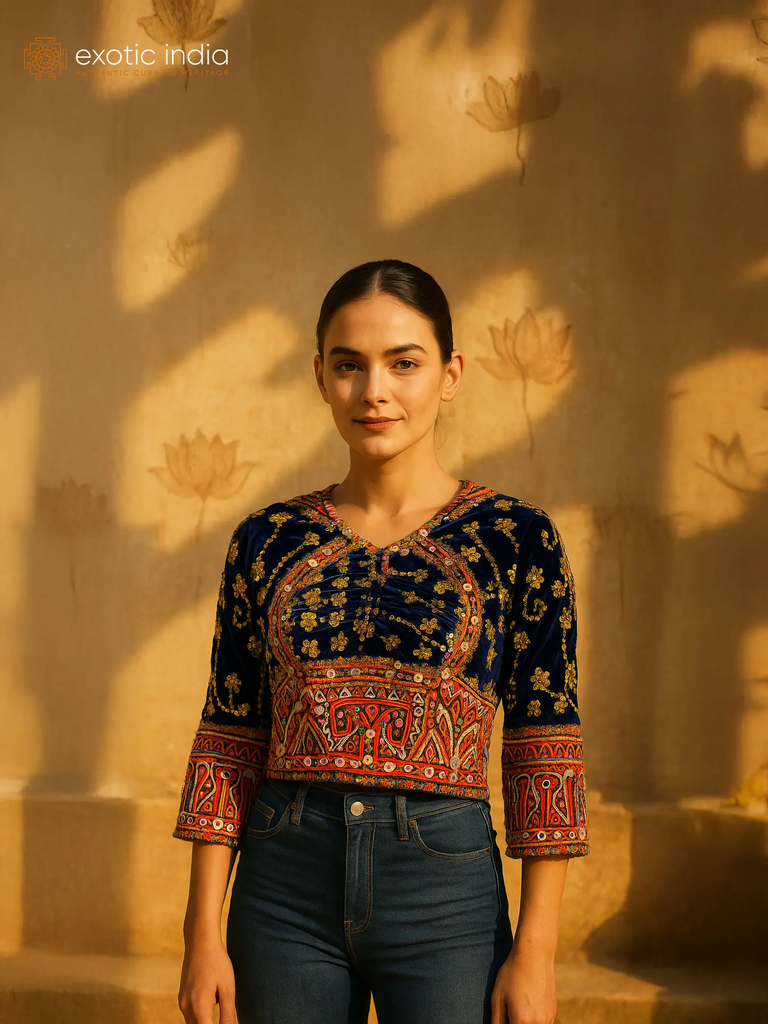 Bellwether-Blue Backless Choli from Kutch with Embroidered Sequins and Mirrors