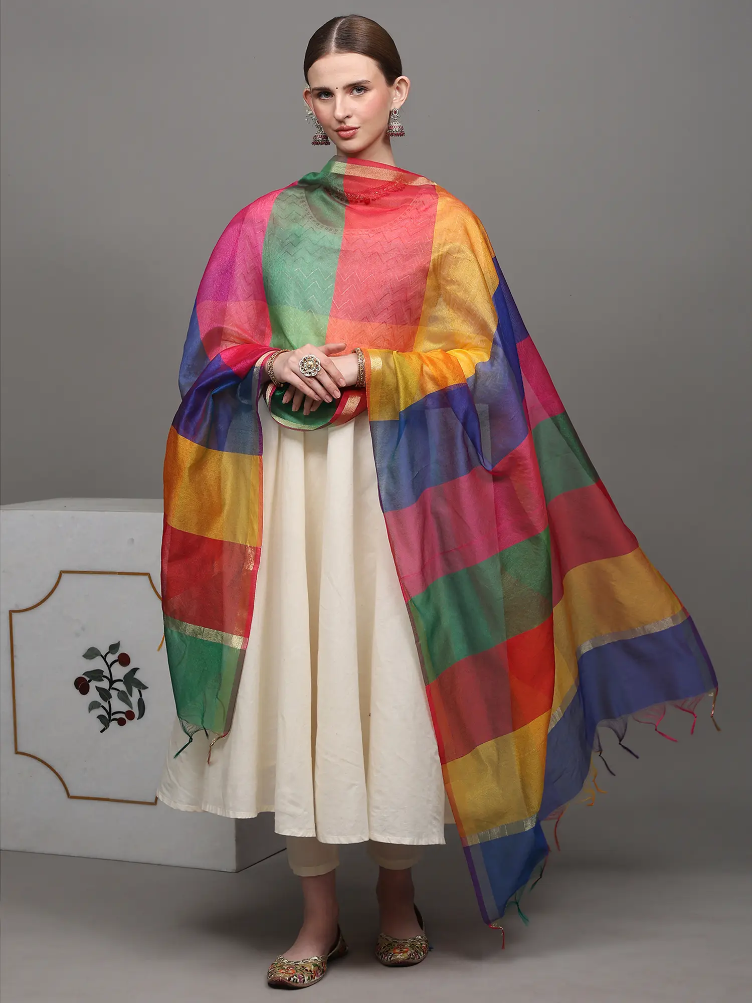 Multi-Color Rainbow Chanderi Dupatta with Golden Thread Weave
