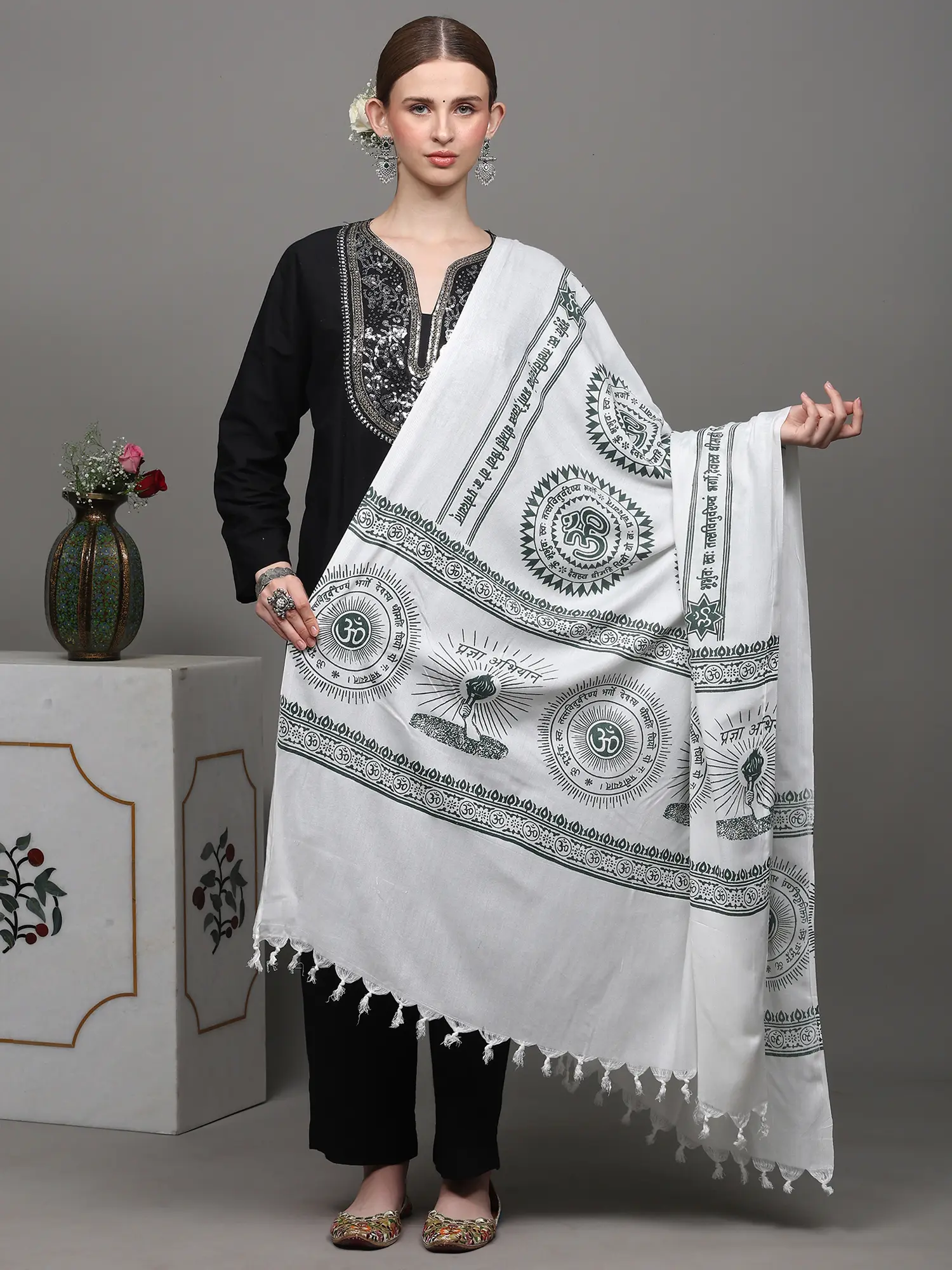 Ivory and Green Gayatri Mantra Prayer Shawl