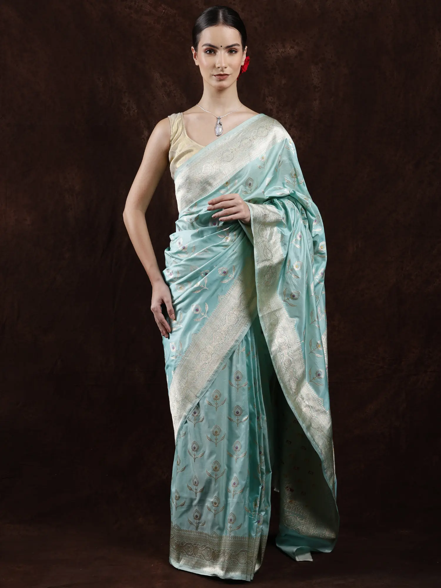 Beach-Glass Pure Silk Banarasi Saree with Zari Brocaded Floral Butta and Paisley Border