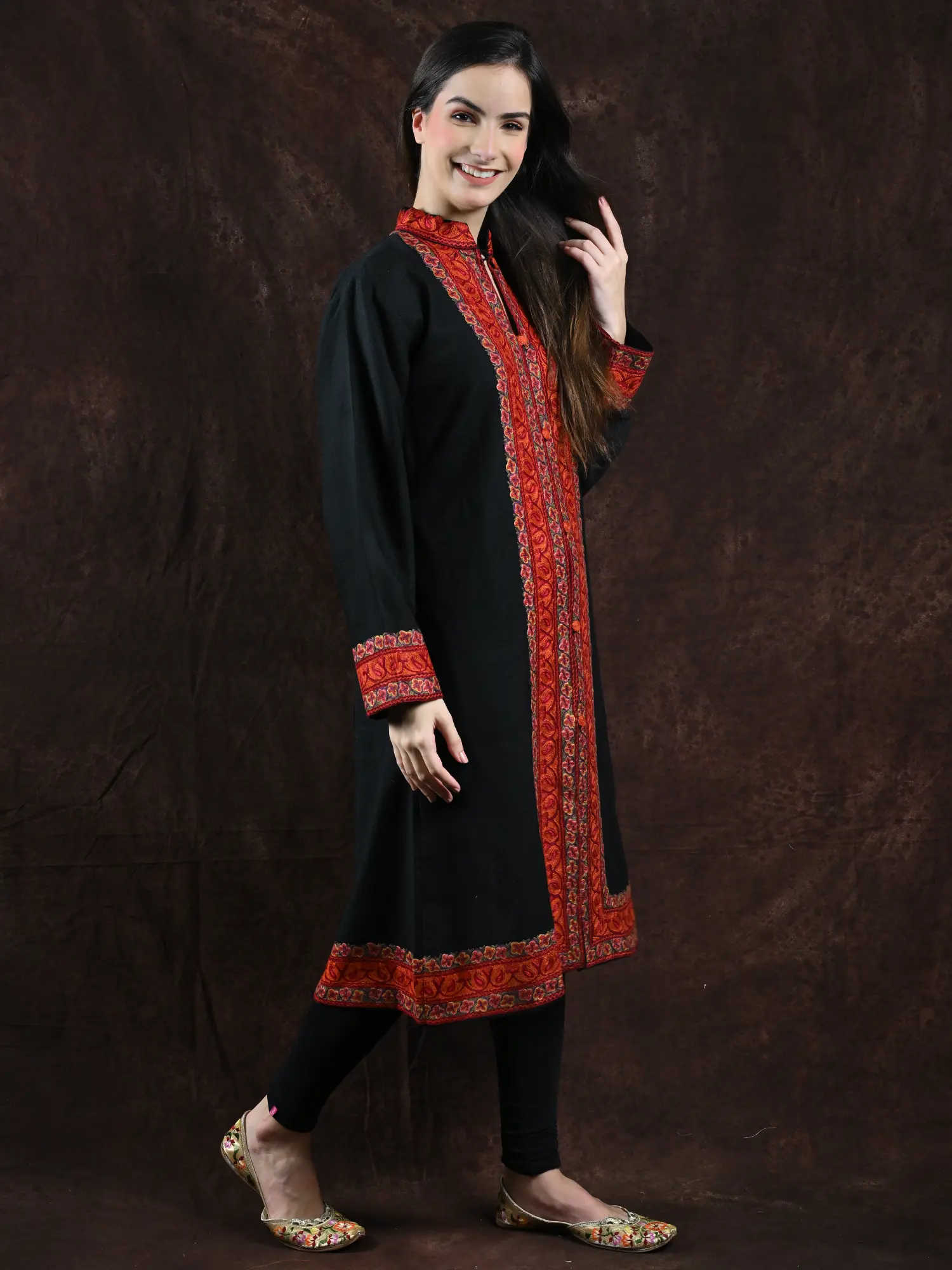 Black-Onyx Pure Wool Long Jacket from Kashmir with Aari Embroidery by Hand, alternate view