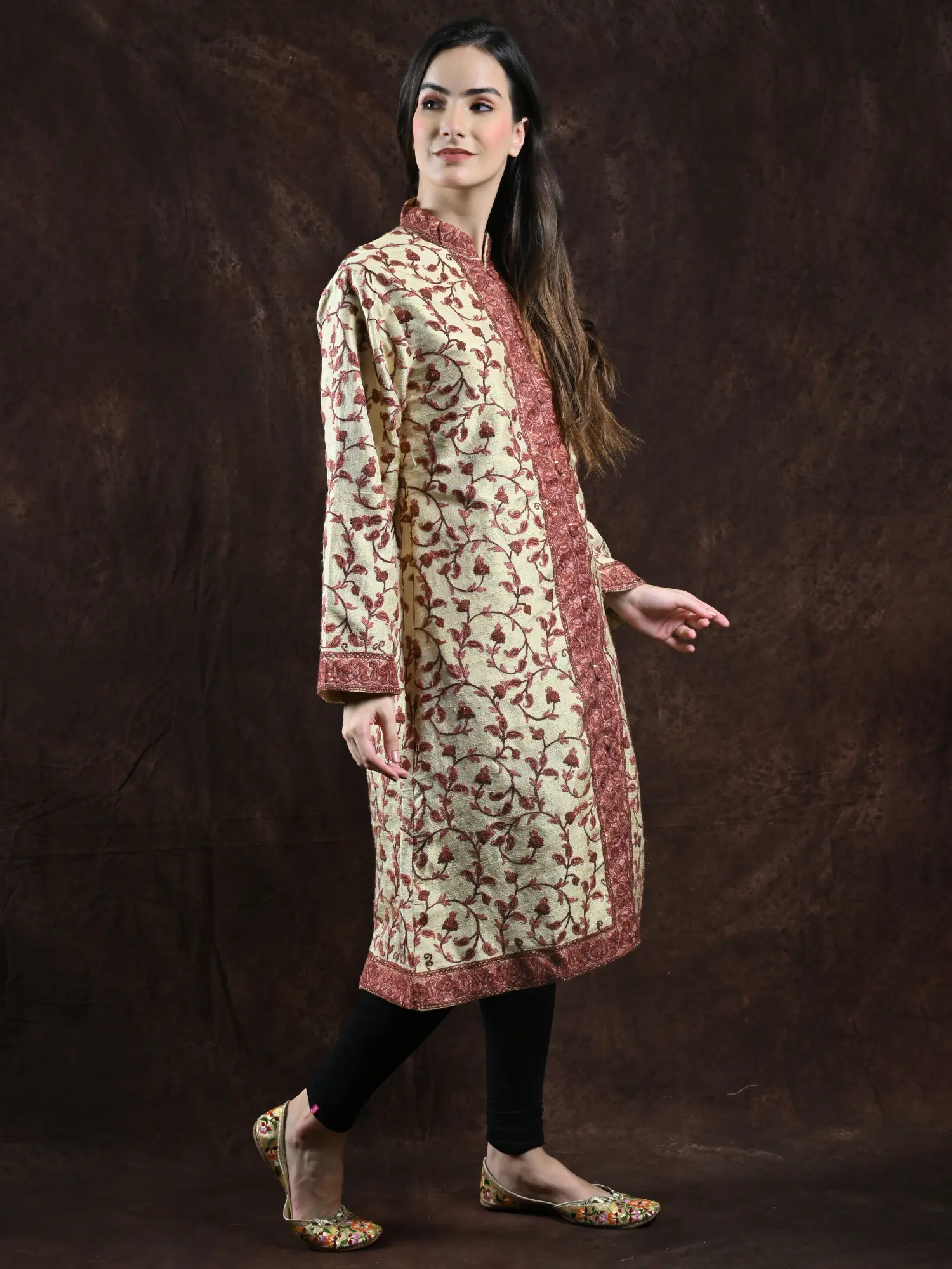 Vanilla-Custard Pure Silk Long Jacket from Kashmir with Paisleys Jaal Aari Embroidery by Hand, alternate view