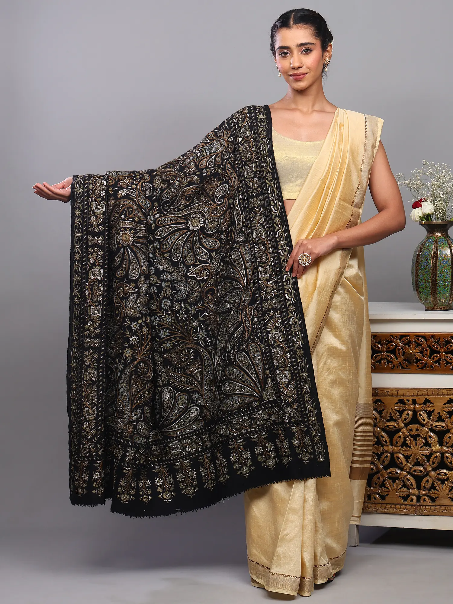 Black-Onyx Pure Pashmina Shawl with Intricate Tilla Embroidered Flowers on All-Over