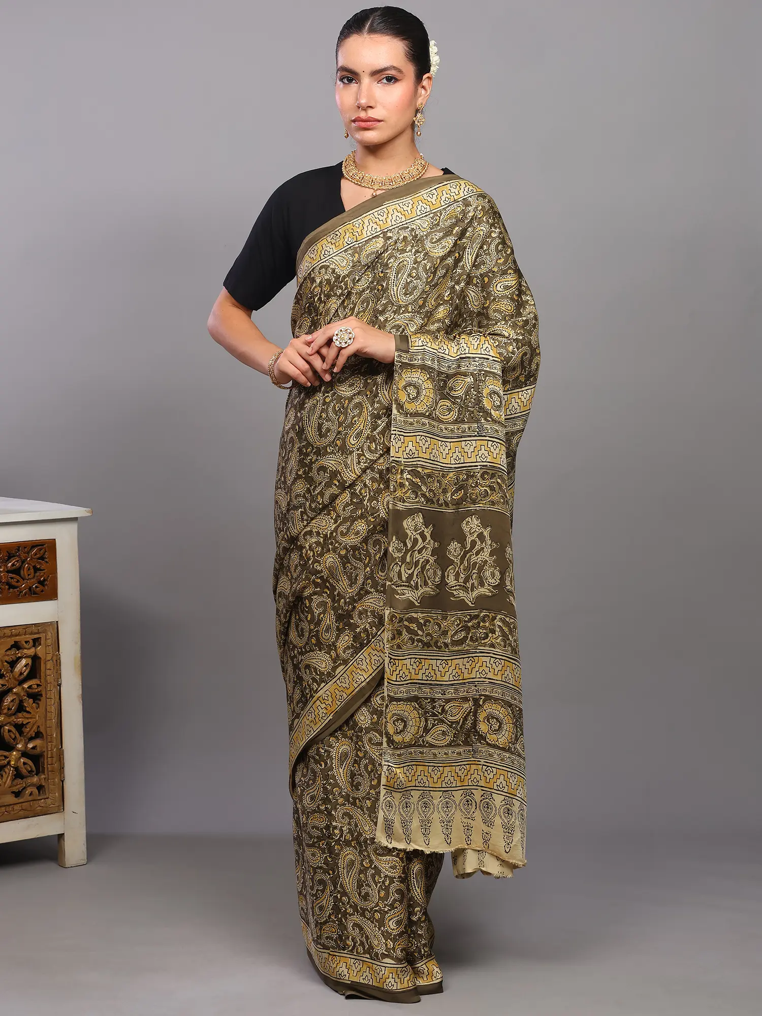 Dried-Herb Silk Saree from Telangana with All-Over Printed Paisleys Vines